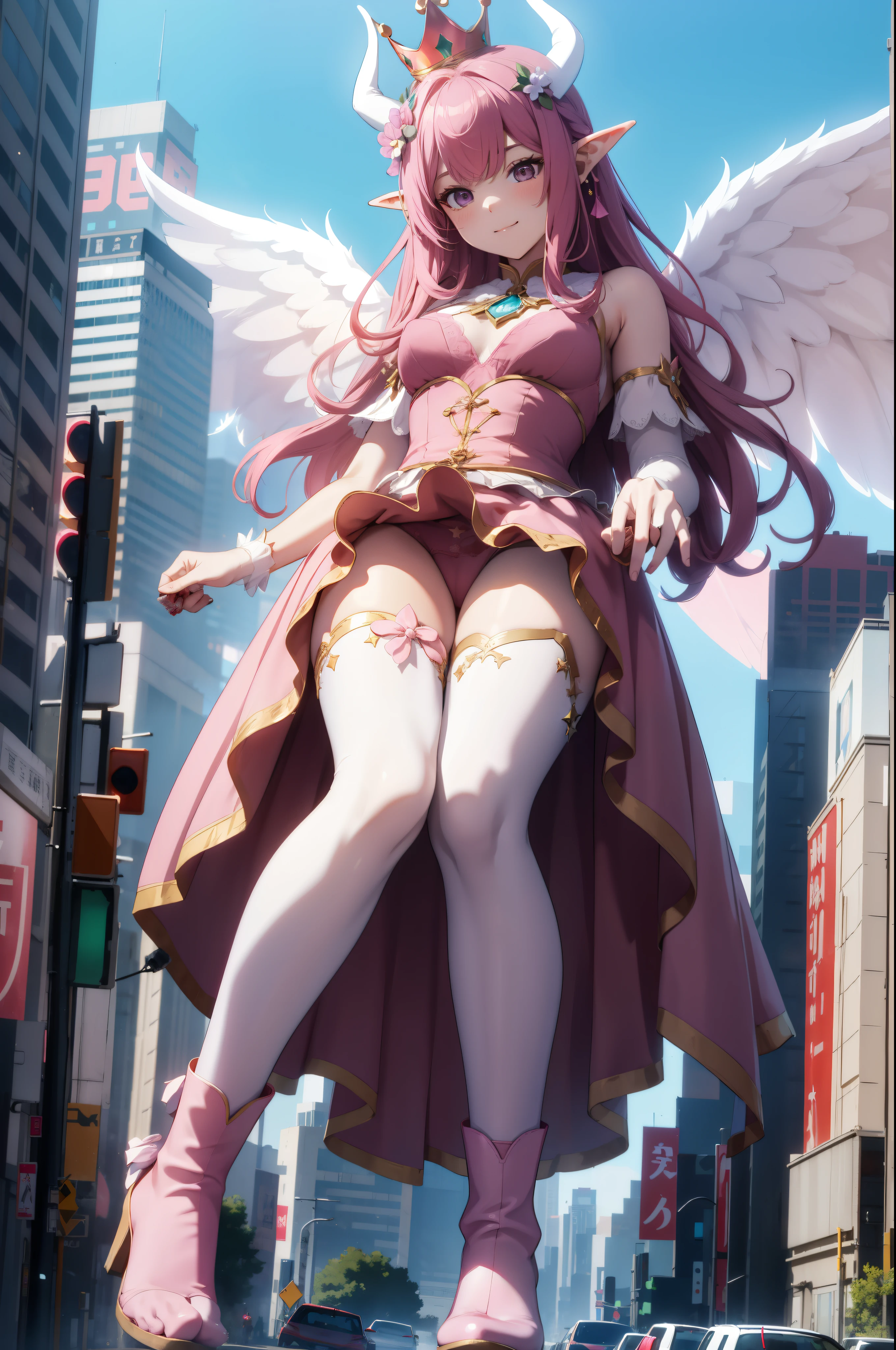 giant girl 50,000 feet high，Weight 1000kg，Has a pair of huge pink angel wings，With huge devil horns on his head，wear a crown on your head，Elf wearing pink earrings，She has long pink hair that reaches her feet，loose hair，Pink wavy long curly hair，Wearing a pair of pink boots on her feet，Pink lace gloves，Pink lace pantyhose，Bow and star embellished tights，粉色蕾丝whole body，Standing tall above the small town，Beautiful appearance，Exquisite makeup，quality，8k，高quality，Perfect proportion, Cinema lighting，film grain，Fuji colors，8k，textured skin，Super details，high detail，high resolution，fake smile，blood stains，脚底有blood stains，whole body，fat，elf princess，feather，flowers。