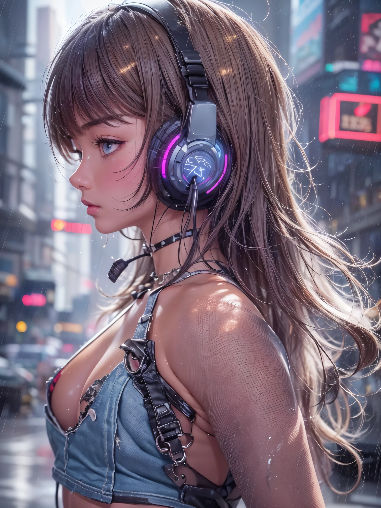 8K、master piece、highest quality、highest level、Highest image quality、muste piece、intricate details、high resolution、depth field、Natural light、professional lighting、(1 person)、solo、asian boyish girl、(cute:1.2)、very beautiful 18 year old cartoon girl、(high detail skin: 1.2)、Photorealistic anime girl rendering、Realistic anime 3D style、short bob cut、、beautiful light brown hair、強烈なblack eyes、strong eye highlights、very big breasts、perfect anatomy、(Torn and tattered damaged denim hot pants)、Wearing shorts、choker、hands behind the back、beautiful brown hair、short hair、crossed bangs、asymmetrical bangs、short bob cut、stick out ears、eyelashes、black eyes、crying and crying、(sophisticated headphones)、(Tattoo on the chest)、Body shiny with oil、Black leather jacket、(metallic bra)、Damaged blue short denim hot pants、it&#39;s raining、The body gets wet from the rain、Decadent and futuristic urban area in the evening、(cyberpunk city)、(Futuristic cars、flashing red light)、(Lightning is glowing)、(Flashing blue and purple neon tubes)、