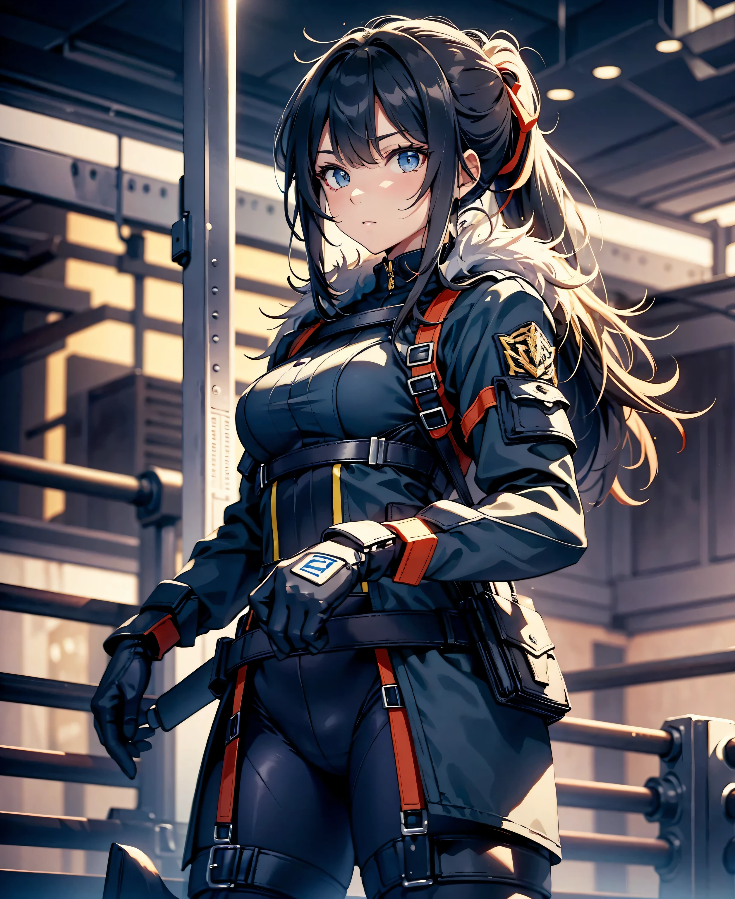 highest quality，T Masterpiece，final solution，Fluffy，非常にcolorful，colorful，female combatant，（kneeling pose）（pointing at your ass）mature woman，dark blue high knot ponytail、tight combat uniform，tight suit，steel city background，night，normal posture，normal posture