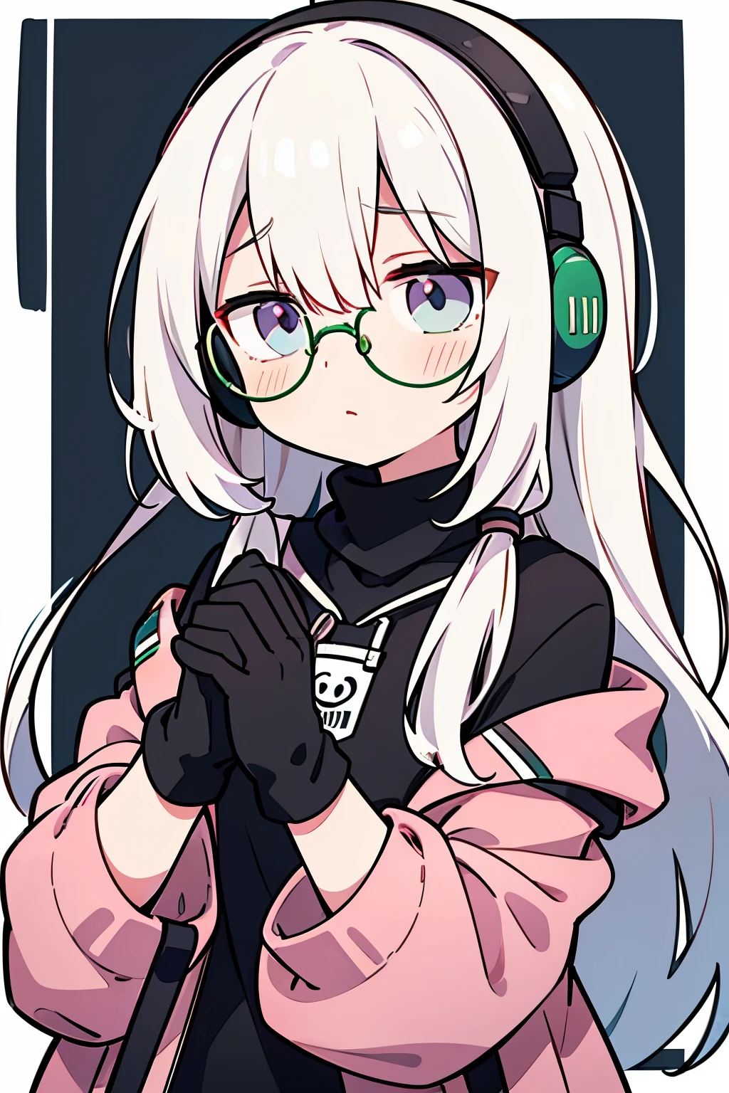 ((highest quality)), ((masterpiece)), (be familiar with), perfect face,white hair,Green mesh,pink droopy eyes,round glasses,black hoodie,headphones,black gloves,turtleneck,alone,icon