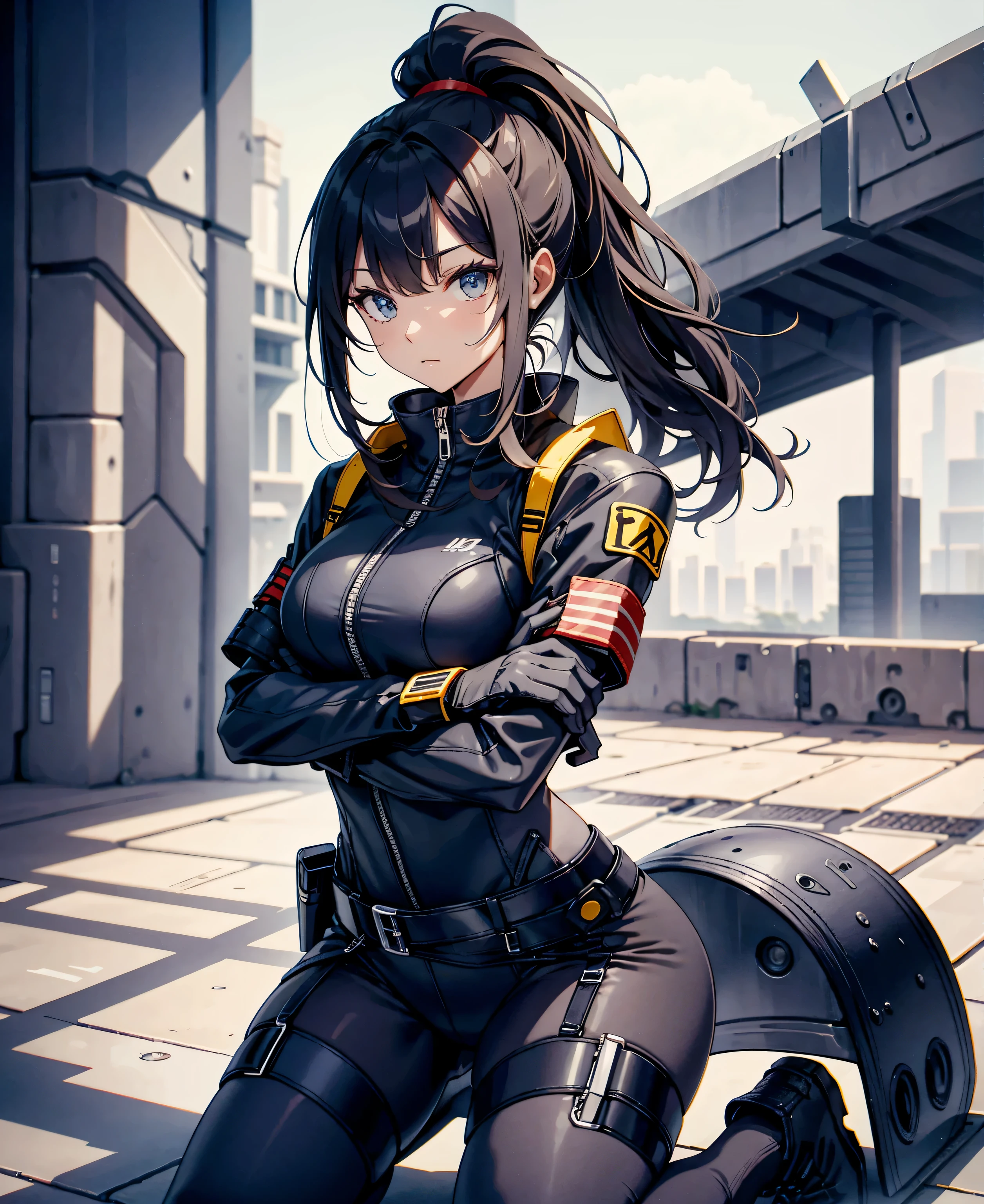 highest quality，T Masterpiece，final solution，Fluffy，非常にcolorful，colorful，female combatant，（kneeling pose）（pointing at your ass）mature woman，dark blue high knot ponytail、tight combat uniform，tight suit，steel city background，night，normal posture，normal posture