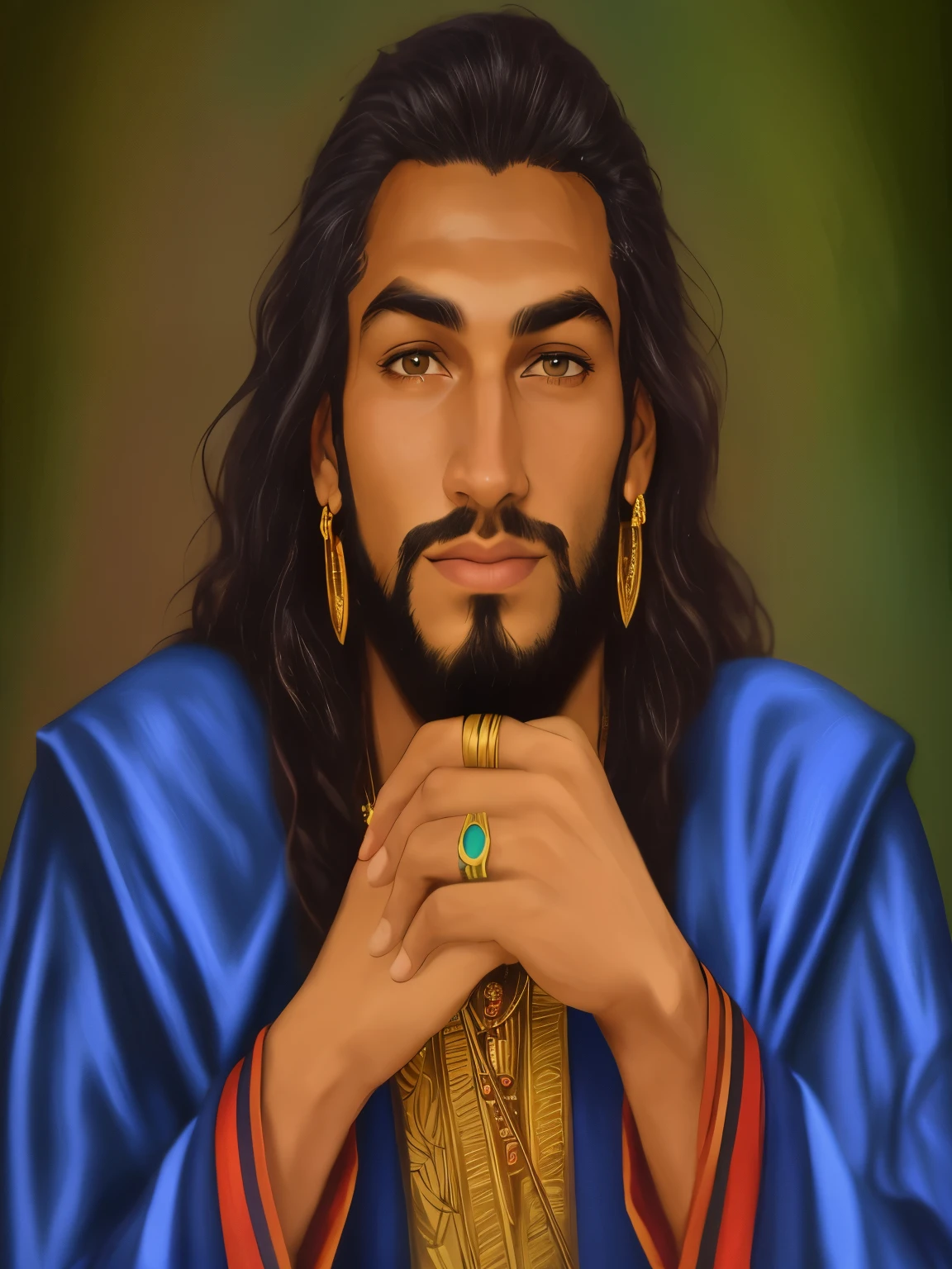 pintura de um homem com cabelos longos e barba vestindo um manto azul, dark skinned man egyptian prince, portrait of bedouin d&d, handsome prince of Persia, inspirado em Osman Hamdi Bey, jason momoa as assyrian, retrato de jesus cristo, inspirado em Altoon Sultan, pintura digital renascentista, inspirado em Ras Akyem, homem bonito