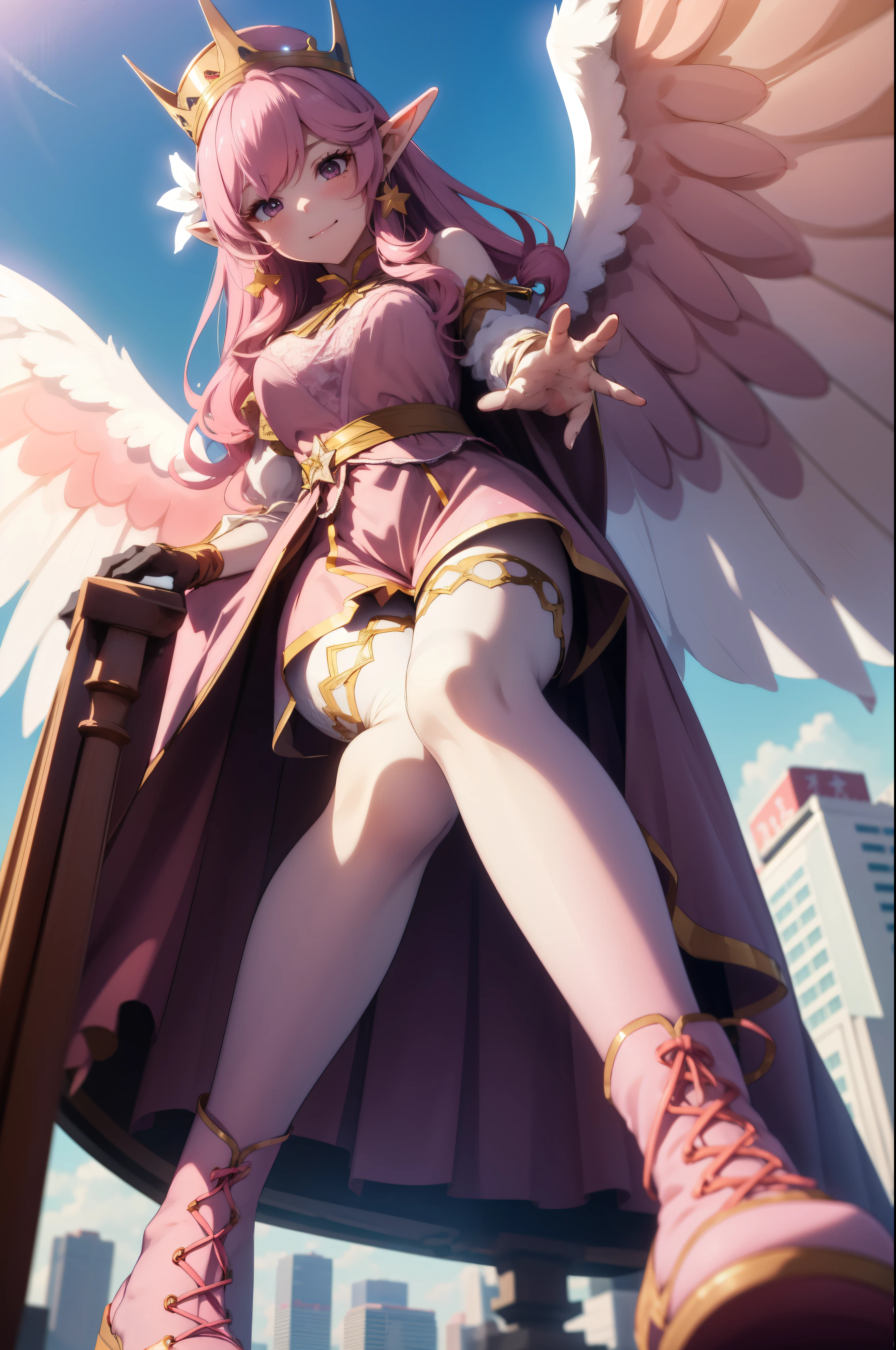 giant girl 50,000 feet high,Weight 1000kg,Has a pair of huge pink angel wings,With huge devil horns on his head,wear a crown on your head,Elf wearing pink earrings,She has long pink hair that reaches her feet,loose hair,Pink wavy long curly hair,Wearing a pair of pink boots on her feet,Pink lace gloves,Pink lace pantyhose,Bow and star embellished tights,粉色蕾丝whole body,Standing tall above the small town,Beautiful appearance,Exquisite makeup,quality,8k,高quality,Perfect proportion, Cinema lighting,film grain,Fuji colors,8k,textured skin,Super details,high detail,high resolution,fake smile,blood stains,脚底有blood stains,whole body,fat,elf princess,feather,flowers。