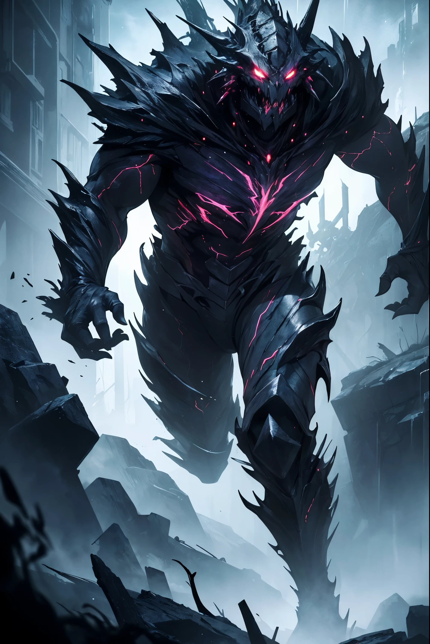 (high quality, highres:1.2), dark and mysterious, monstrous creature with lightning bolts, highly detailed, deep darkness, atmospheric lighting and particle effects