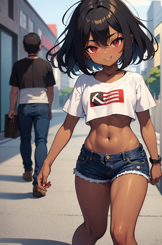 (masterpiece, best quality:1.2) , navel, black skin, dark skin, thick thigh, big butt, jeans short shorts, crop top, red eyes, smug face