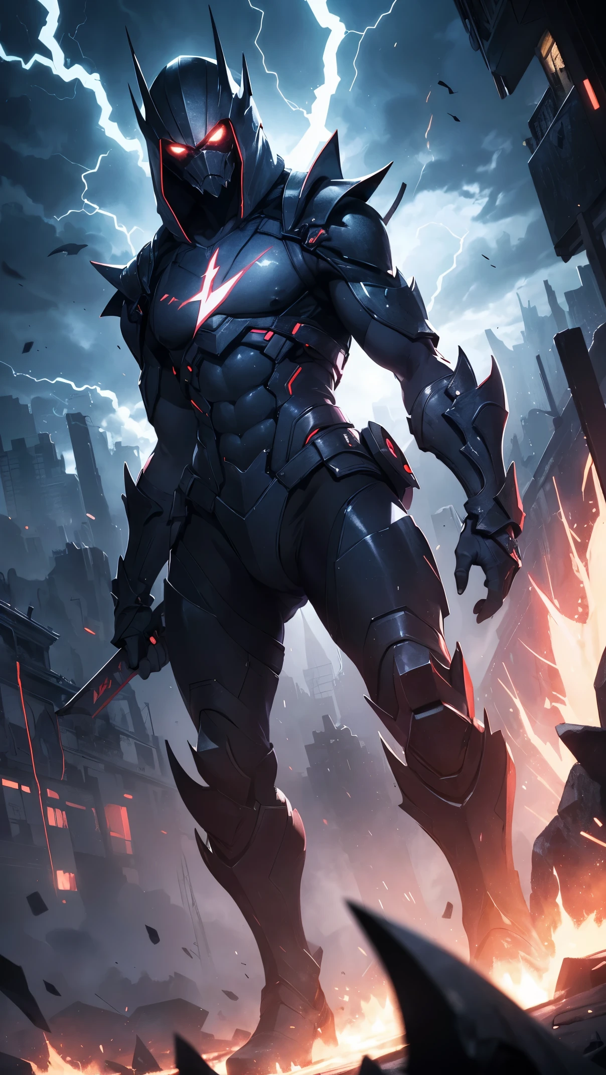 (high quality, highres:1.2), dark and mysterious, monstrous creature with lightning bolts, highly detailed, deep darkness, atmospheric lighting and particle effects