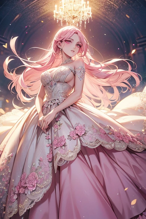 best style、beautiful woman、The most beautiful woman in the world、Close-up of a dress with flowers, extravagant dress, dressed Beautiful Gowns, Floral Couture, fantasy dress, magic dress, wearing a wonderful dress, intricate gown, intricate dresses, brilliant pink ball gown, Pretty dresses, Beautiful Gowns, Flower dress, lady with glowing flowers dress, Wearing a pink ballroom gown, romantic dress, wearing a wonderful dress、pink eyes、pink hair、long hair、big breasts、beautiful feet、long legs
