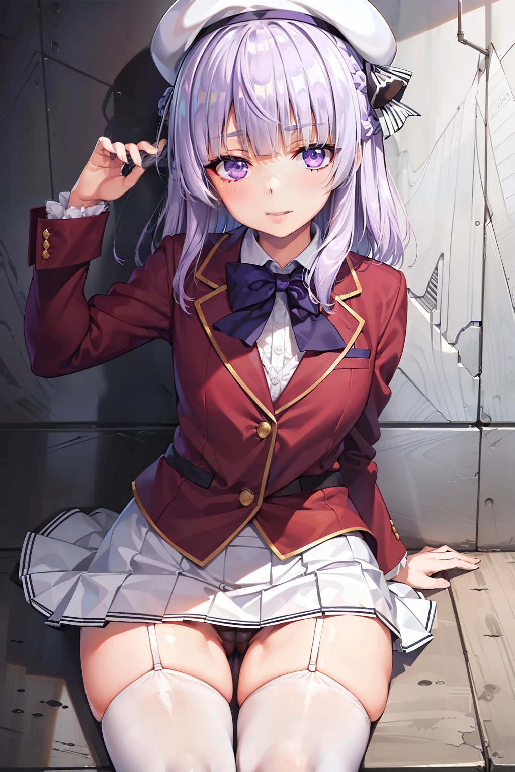 masterpiece, best quality, A large amount of white liquid all over the body on the chest and tongue, taken from the front, highres, aakikyo, (Light purple hair、White hair、Medium Hair) 、Arisu has、beret、Black beret、Black hat:1.2)、(Purple eyes、shining purple eyes:1.3), hair intakes, white hairband, blue bowtie, collared shirt, blazer, red jacket, long sleeves, white skirt, pleated skirt, black socks, street, wall, serious, looking at viewer, medium cleavage, tartan check, music room, angle from above, uniform, light blue underwear, sweat, thin, mouth wide open, tongue out, crawling on all fours, A large amount of white yogurt on the chest and tongue