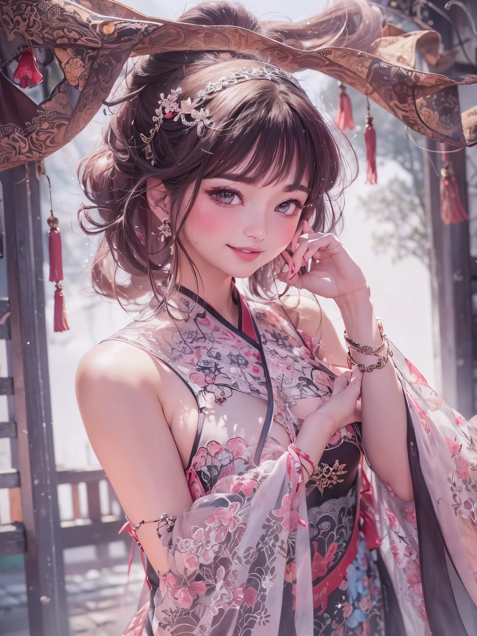 ((SFW、master piece、best quality、muste piece、highest quality、highest level、Highest image quality、1 woman、A beautiful woman full of charm、beautiful brown hair、intense black eyes、strong eye highlights、very big breasts、perfect anatomy、dynamic lighting、lip gloss))、(Raw photo:1.2)、(Photoreal:1.4)、art depicts an attractive woman、(cheongsam dress with long leg detail、Dragon embroidery)、wearing  cheongsam、Decorated with intricate patterns and bright colors、Her dress was gracefully draped over her curvaceous figure、Highlights her enchanting silhouette、She stood gracefully in the quiet moonlit night、smile at the audience、beautiful teeth、beautiful teeth、Super detailed、very detailed、beautiful teeth、beautiful teeth、beautiful hands、Beautiful fingertips、Super detailed、very detailed、Beautiful thighs、Bathed in the soft light of the moonlight、The scene exudes an ethereal and dreamy atmosphere、With a touch of mystery and sexiness。For image styles、Incorporates watercolor and digital illustration techniques、Evoking sophisticated beauty and charm、The lights are filled with soft moonlight、Casting soft highlights and shadows on her charming features、luxury room