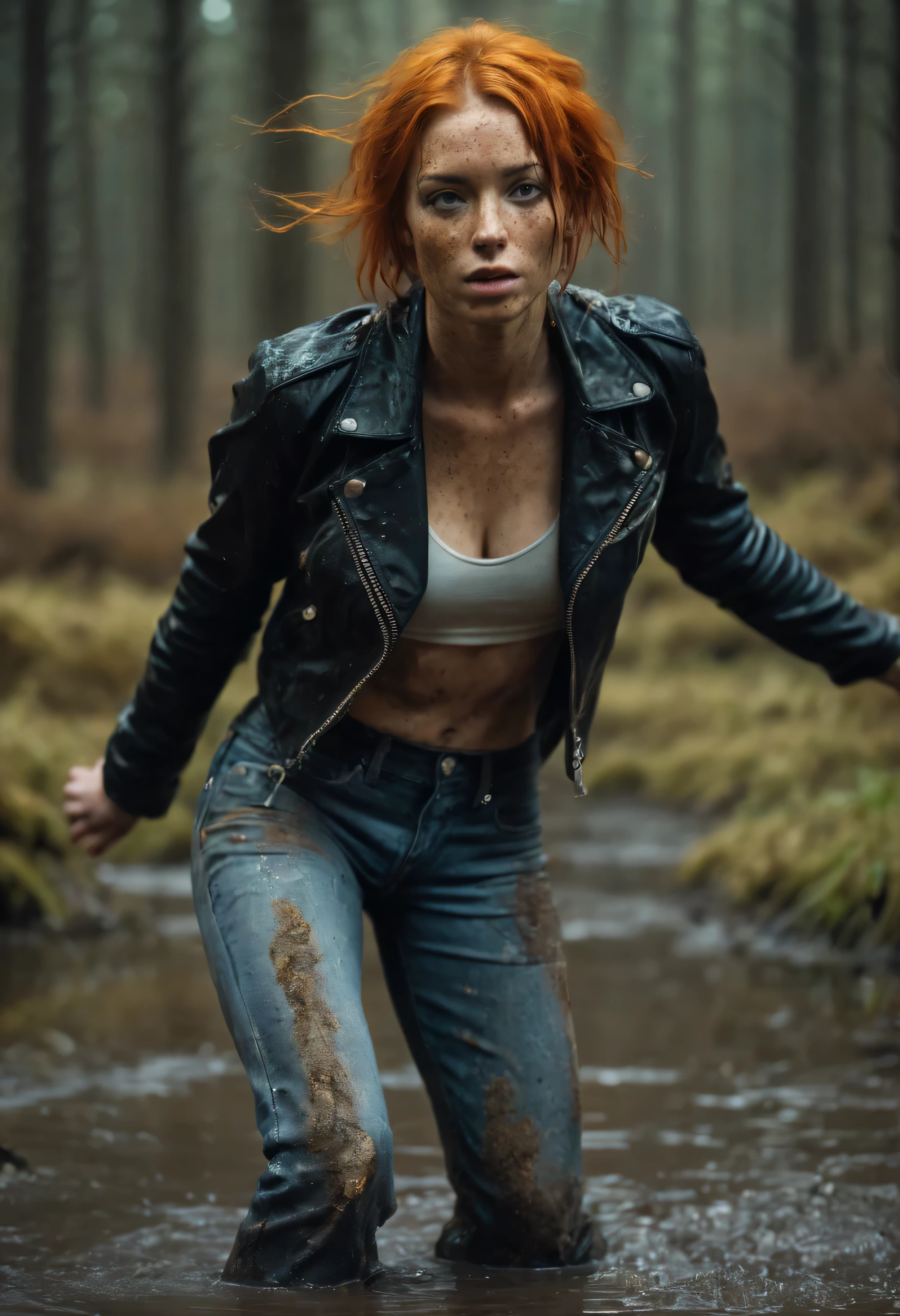 ultra-realistic photography of orange-haired woman with freckles in leather jacket and denim jeans in sexy strip dance while drowning in forest muddy bog,in mud bath,shameful fetish session with desperation and ecstasy, masturbation sexual self-pleasure:1.2, stoic cinematic 4k epic detailed 4k epic detailed photograph shot on kodak detailed bokeh cinematic, detailed face, natural skin texture,