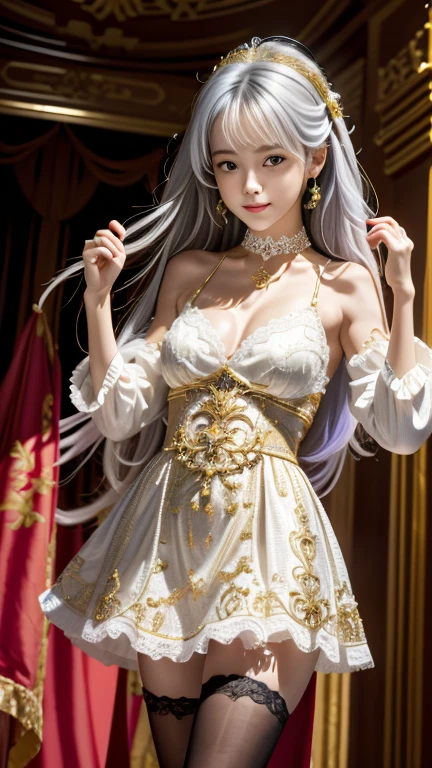 (((Colorful hair, [White hair]))), Ultra-realistic 8k CG, picture-perfect face, flawless perfection, Clean, tmasterpiece, professionalartwork, famousartwork, 电影灯光, cinematicbloom, s the perfect face,(young:1.2),((20yr old)), pretty face, pretty eyes, (((Perfect female body, Willow waist))), Young princess, Royal, Holy, goddes, Holy, (royal palace), fanciful, It's like a dream, unreality, scientific fiction, (normal:1.2), Lolita costume，Beautiful outfit, Lace, Lace edges, Lace-trimmed tights, NSFW,, Ridiculously long hair, Very long hair, (Rich:1.4), choker necklace, 耳Nipple Ring, bangle, armlets, view the viewer,(Tong:1), (Hands have up to five fingers), (Redlip)