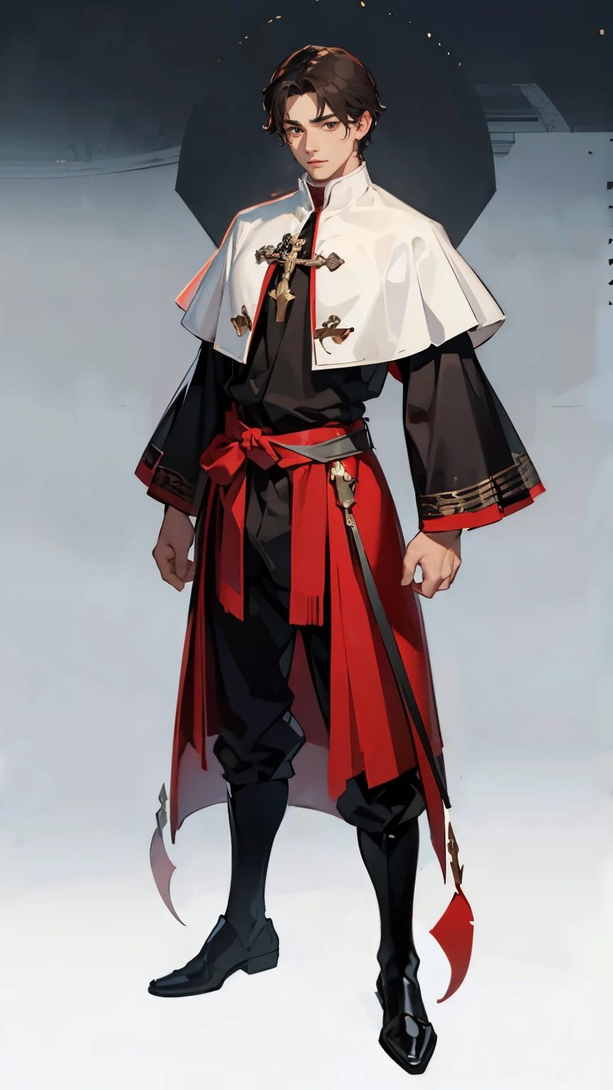 ((masterpiece,best quality,8k,highres)),((character concept art)), 1 male, young adult male, Cult Bishop, 195 cm height, male short hair (brunette hair colour), ultra finely detailed eyes (brown eyes colour), extraordinary handsome, charming, warm smile, incredible body build ((muscular)), ((intricate detail)), super finely detailed hands, ultra finely detailed fingers(((ten fingers))), Cult Bishop full outfit (red outfit colour), black pants, black shoes, (standing still), (full body showcase), (show full body), (no logos on background), (no logo), ((plain background)), ((plain background)), (((empty background)))