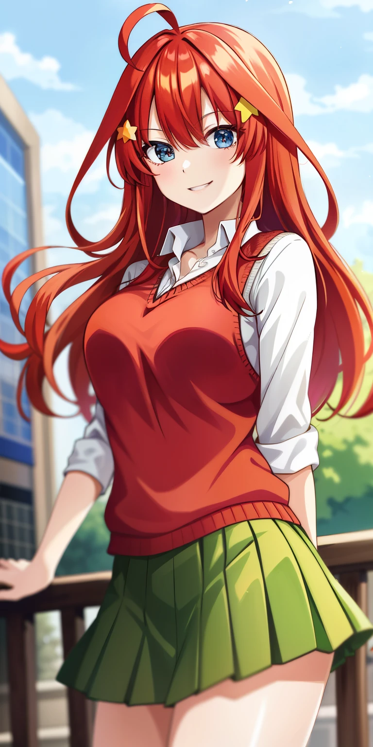 2d, masterpiece, best quality, anime, highly detailed, 1girl, solo, cowboy shot, nakano itsuki, red hair, long hair, star hair ornament, ahoge, red sweater, collared shirt, green skirt, miniskirt, medium breasts, standing, school, outdoors, smile