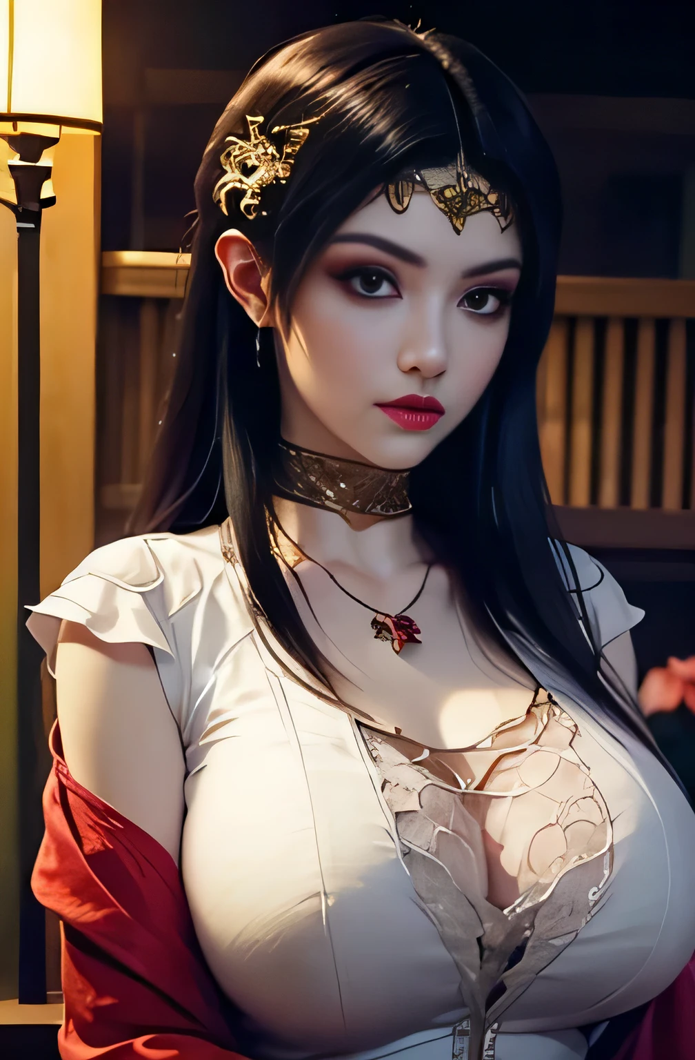 best quality, Masterpiece, Ultra high resolution, (loyalty: 1.4), original photo, 1 girl, Goose egg face, Big eyes, big breasts, transparent shirt, Long eyelashes, Light makeup, paint., shirt, movie light, Summer Evening, heat, sweat