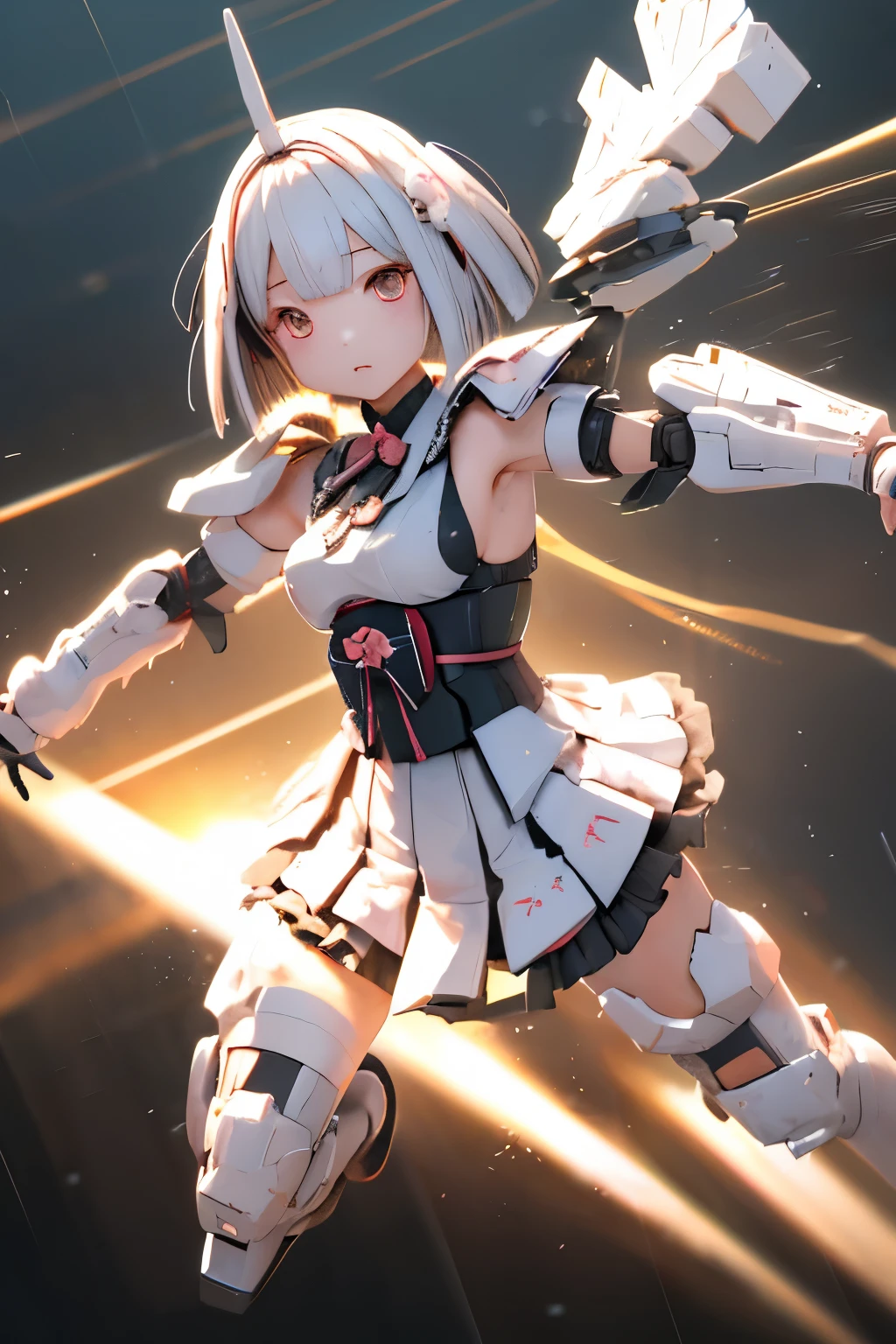 (highest quality)), ((masterpiece)), (very detailed: 1.3), 3D, {(japanese young girl)}, japanese girl wear gothic lolita clothes with white frills under armor, wears a futuristic Gundam mecha,(Gundam), with headgear, with v-fin , armored shoulders,armored under arms, armored under legs, multilayer textureperfect proportions, octane rendering, duotone lighting, Low ISO, wide aperture, White balance, Rule of thirds, ultra HD16k, HDR (High Dynamic Range), Ray Tracing, NVIDIA RTX, Super Resolution, Subsurface Scattering, PBR Texturing, Post Processing, Anisotropic Filtering, Depth of Field, Maximum Clarity and Clarity, High efficiency subpixel, subpixel convolution, particles of light, light scattered, Tyndall effect, full body:1.5, battle pose, cute, (cute:1.2), (bob cut:1.3),三つ編み, 黒髪, 太い眉毛, 薄い色の虹彩, 大きくて輝いている黒い瞳, 長いまつげ, 小さく薄い色の自然な唇, (Average face of Japanese idols), (日本人特有の童顔:1.3), (baby face), 広いおでこ:1.2, ふっくらした頬, 小さな顎, visible side boob, A lot of daggers are flying, in the night city,looking at viewer,Focus on the eyes