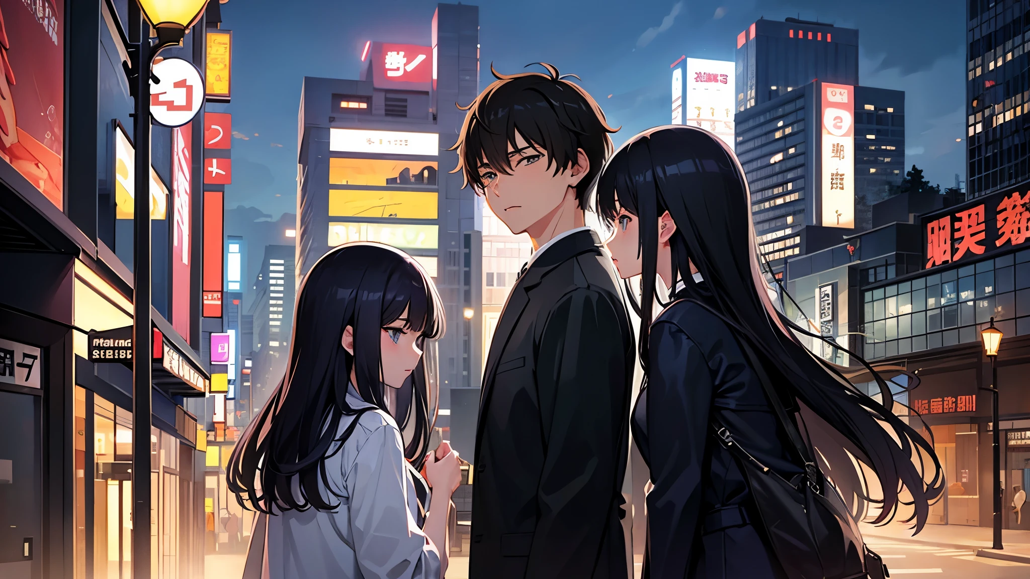 anime illustration、High resolution、sad man and woman couple、15 years old、black straight hair、Urban city、camellia、movie scene