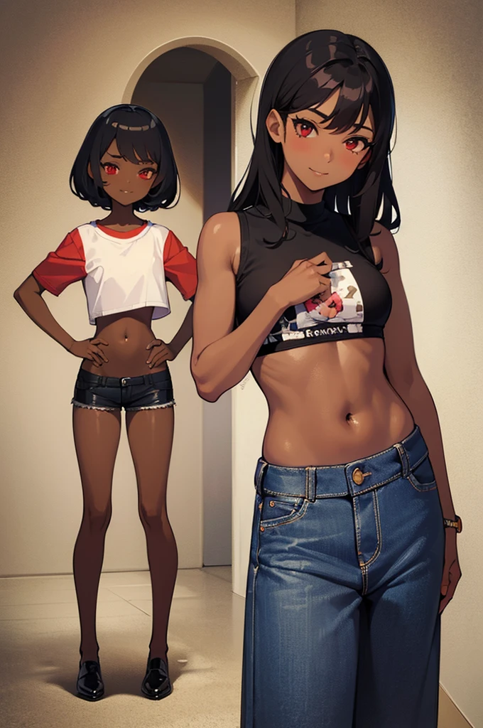Only 1 boy, androgynous, feminine, very detailed, skinny, smiling facial expression, dark short hair, looking at viewer, black tank top, black gym shorts, bedroom