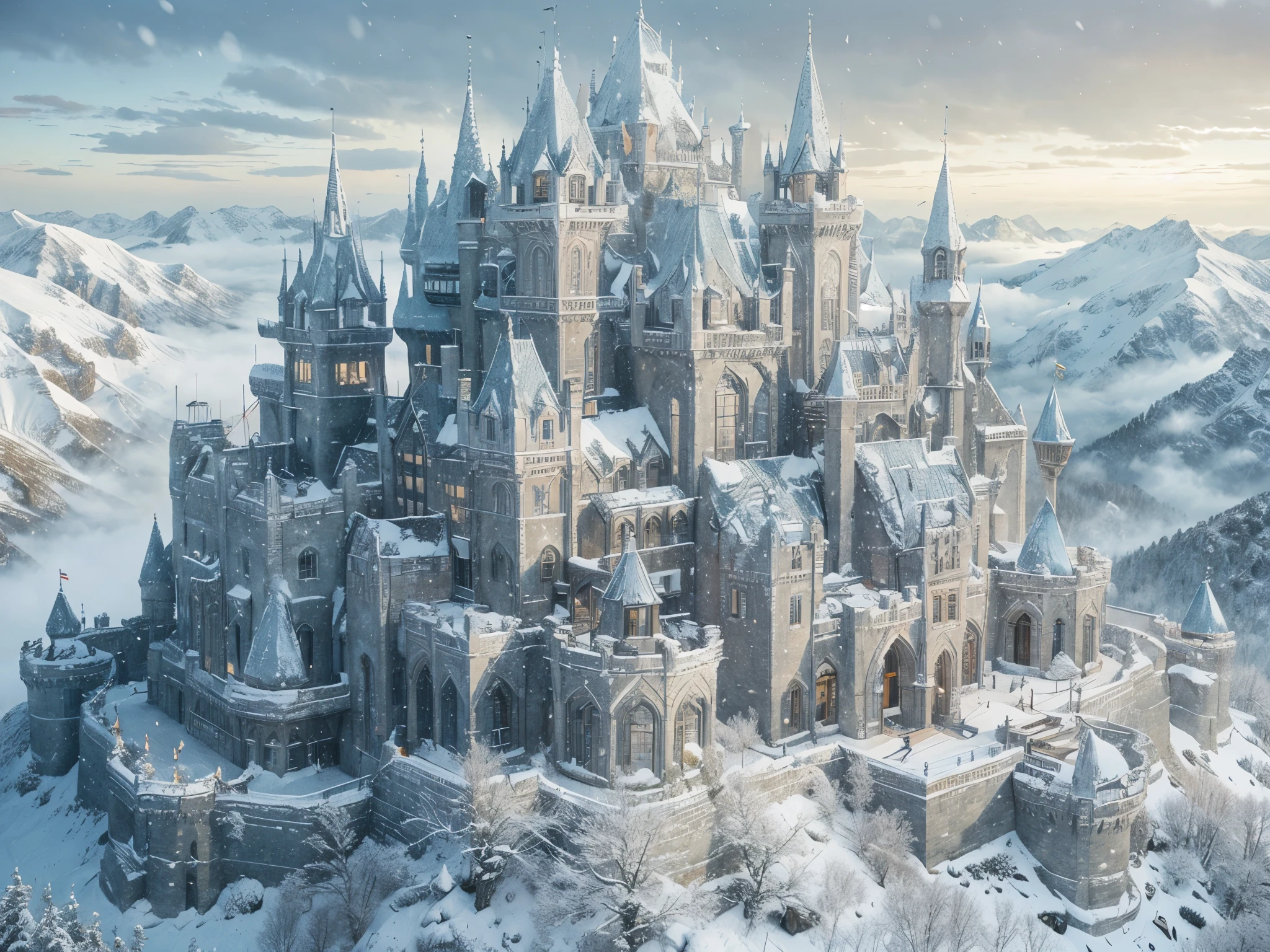 Intricate, detailed, ethereal, sprawling fanstasy castle on the top of a snowy mountain, brilliant white, glowing, fine lines, blue roof, intricate etching, surrounded by crisp air, big sky, snowy mist,