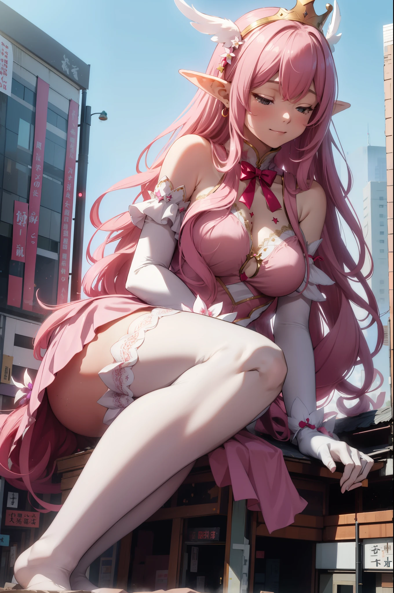 giant girl 50,000 feet high，Weight 1000kg，Has a pair of huge pink angel wings，With huge devil horns on his head，crown on head，Elf wearing pink earrings，She has long pink hair that reaches her feet，loose hair，Pink wavy long curly hair，Wearing a pair of pink boots，Pink lace gloves，Pink lace pantyhose，Pantyhose with bow and star decorations，粉色蕾丝whole body，Standing upright on a small city，Beautiful appearance，Exquisite makeup，quality，8k，高quality，Perfect proportion, Cinema lighting，film grain，Fuji colors，8k，textured skin，Super details，high detail，high resolution，fake smile，blood stains，脚底有blood stains，whole body，Obese，elf princess，feather，flowers，Sitting elegantly on a tall building