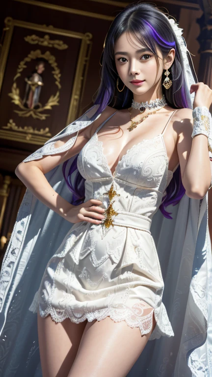 (((Colorful hair, [White hair]))), Ultra-realistic 8k CG, picture-perfect face, flawless perfection, Clean, tmasterpiece, professionalartwork, famousartwork, 电影灯光, cinematicbloom, s the perfect face,(young:1.2),((20yr old)), pretty face, pretty eyes, (((Perfect female body, Willow waist))), Young princess, Royal, Holy, goddes, Holy, (royal palace), fanciful, It's like a dream, unreality, scientific fiction, (normal:1.2), ta costume，Beautiful outfit, Lace, Lace edges, Lace-trimmed tights, NSFW,, Ridiculously long hair, Very long hair, (Rich:1.4), choker necklace, 耳Nipple Ring, bangle, armlets, view the viewer,(Tong:1), (Hands have up to five fingers), (Redlip)