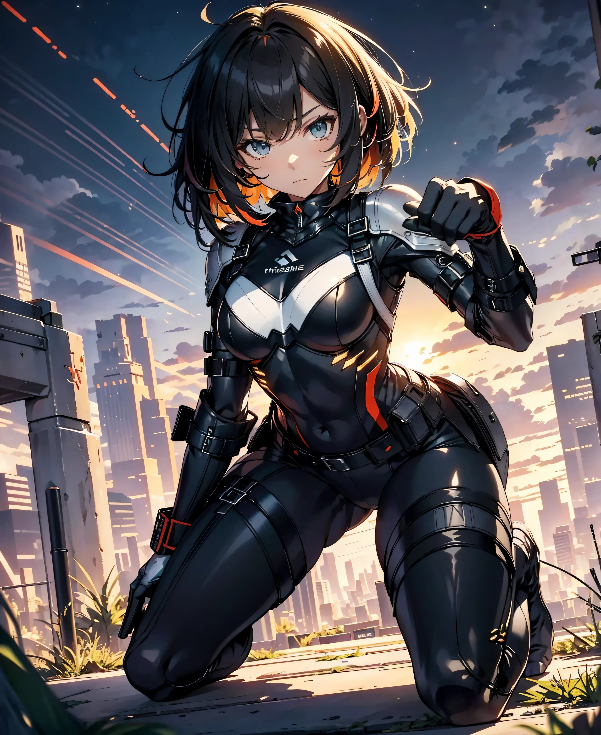 best quality,T Masterpiece,ultimate resolution,fluff,very colorful,colorful,female combatant,(Kneeling Pose)(pointing at you with his butt)mature woman,Black Super Short Hair,tight combat uniform,tight suit,Steel City Background,the night,normal posture,normal posture