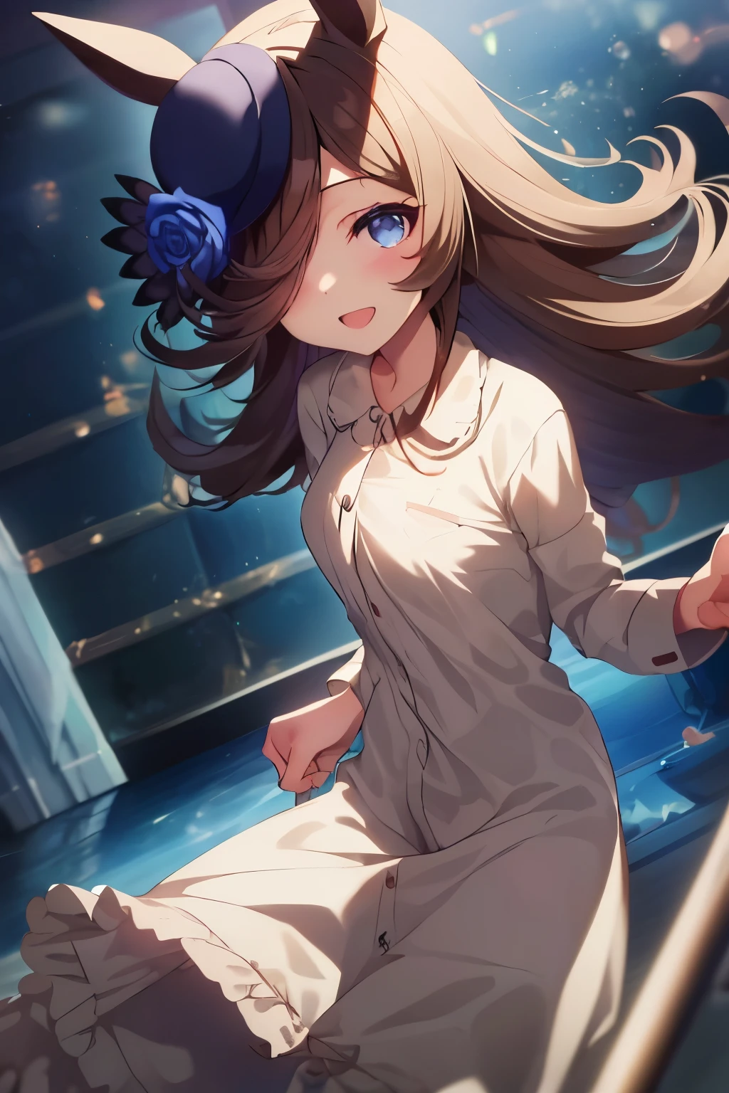 (table top.highest quality).(dynamic angle). (CG painting with very impressive details),(perfect image)、comic strip.figure.1 girl.detailed face、perfect face.delicate face、繊細なpajamasを着た女の子、pajamas姿の女の子、rough skin、black hair.length、(Umamimi girl)Umamimi girl、((beautiful blue eyes)).delicate and beautiful eyes、detailed eyes、Reflected eyes、smile.(look at the viewer:1.3).(face is a little red:0.8)、8k wallpaper、cowboy shot、reflected light、most detailed、Complex、delicate background、rough skin、fine skin、(super resolution)、pajamas、(pajamas姿)
