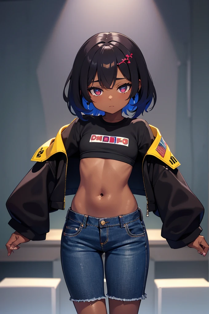 (black skin,dark skin:0.9),beautiful detailed eyes,smug face,,10 yey:0.9, sassy:0.9) loli,crop topeans short shorts,thick thighs,(big butt:0.9),navel,(best quality:1.2),(vivid colors:1.1),(physically-based rendering:1.1),(studio lighting:1.1)