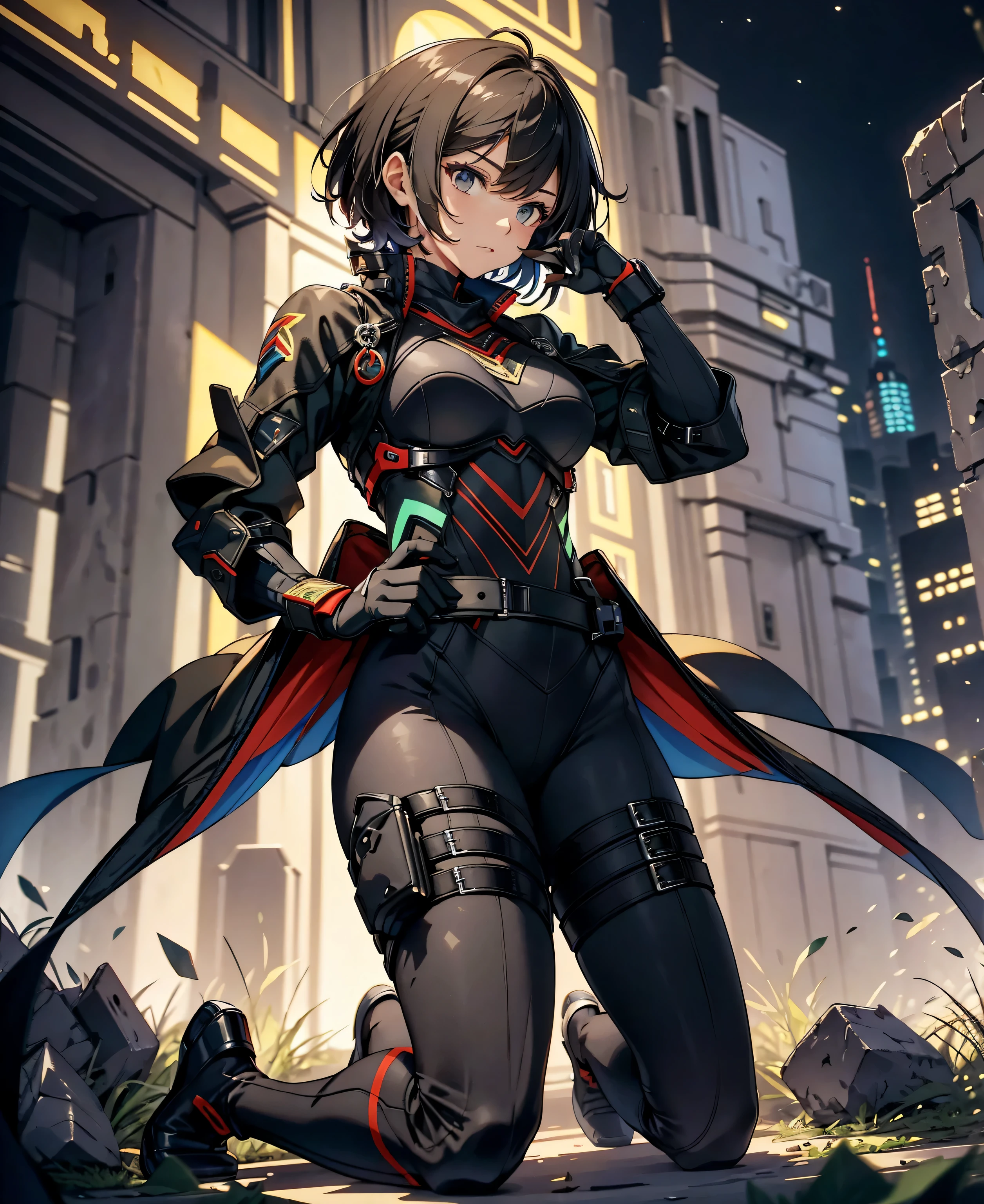 best quality,T Masterpiece,ultimate resolution,fluff,very colorful,colorful,female combatant,(Kneeling Pose)(pointing at you with his butt)mature woman,Black Super Short Hair,tight combat uniform,tight suit,Steel City Background,the night,normal posture,normal posture