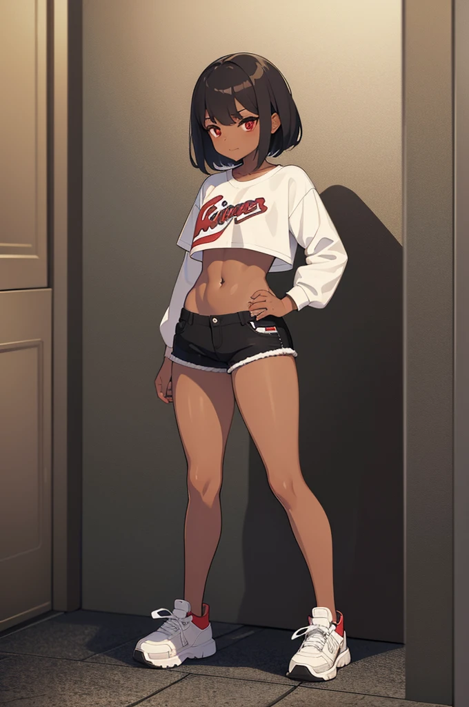 (masterpiece, best quality:1.2) Loli, navel, black skin, dark skin, thick thigh, big butt, jeans short shorts, crop top, red eyes, smug face, , 10 yey, sassy loli, only 1 girl