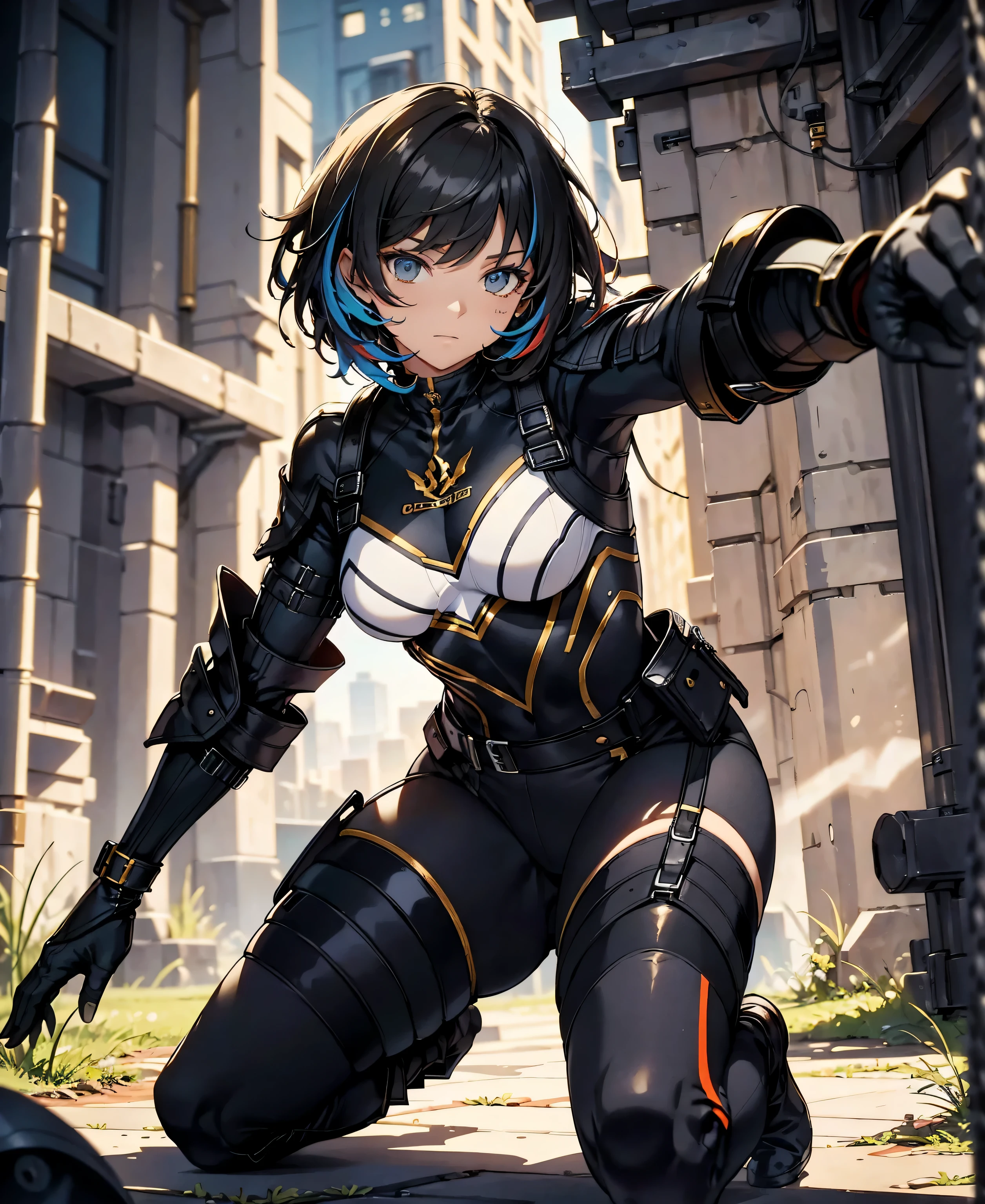 best quality，T Masterpiece，ultimate resolution，fluff，very colorful，colorful，female combatant，（kneeling pose）（pointing at you with his butt）mature woman，Black Super Short Hair，tight combat uniform，tight suit，Steel City Background，night，normal posture，normal posture