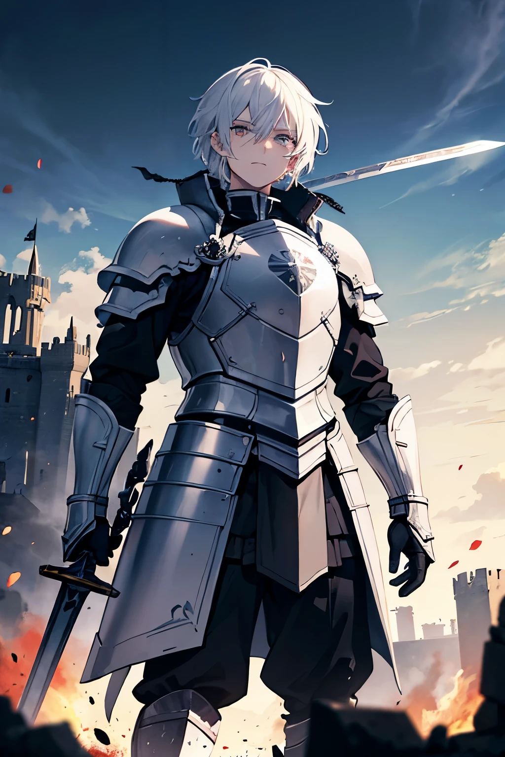 A man in armor, white hair with black curls, white eyes, a shield in one hand, a sword in the other, a destroyed castle and a black sun in the background