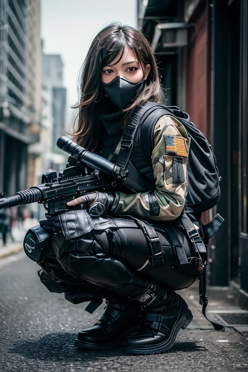 ((best quality)), (masterpiece), photorealistic, photorealism 16K, (16K), 1girl full body, aiming with an assault rifle, another girl squatting behind, Combat pose, explosion background, Photorealistic, high resolution, (Detailed face), looking to the camera, (wearing suit ,gloves,black and gray mecha, wearing futuristic-gasmask, military harness, holding a machinegun, carrying hich-tech-backpack), background grey, Fingers are occluded