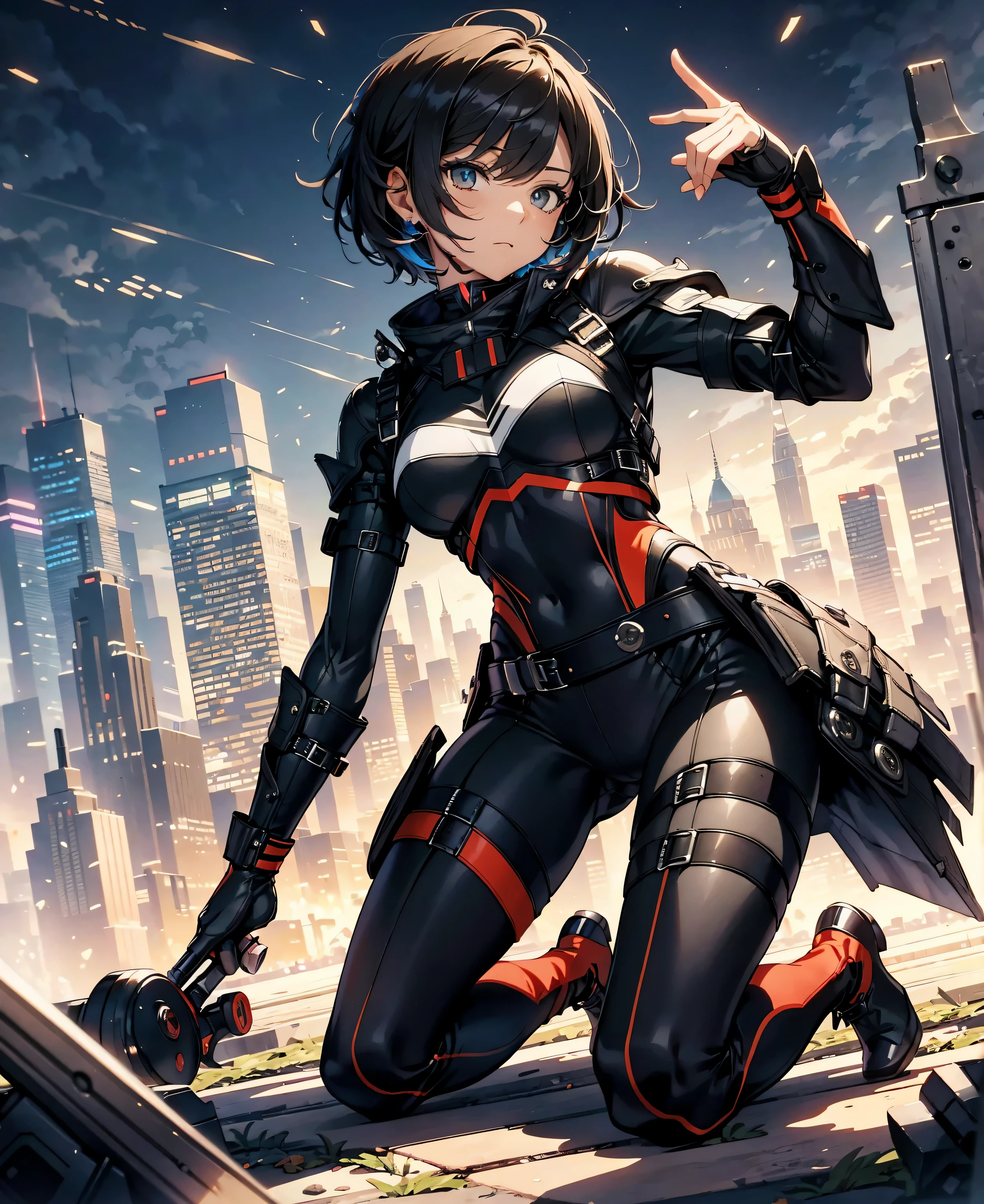 best quality，T Masterpiece，ultimate resolution，fluff，very colorful，colorful，female combatant，（kneeling pose）（pointing at you with his butt）mature woman，Black Super Short Hair，tight combat uniform，tight suit，Steel City Background，night，normal posture，normal posture