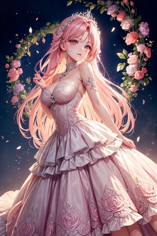 ((muste piece)), ((best quality))、best style、beautiful woman、The most beautiful woman in the world、A dress with flowers, a luxurious dress, dressed Beautiful Gowns, Floral Couture, fantasy dress, magic dress, wearing a wonderful dress, intricate gown, intricate dresses, brilliant pink ball gown, Pretty dresses, Beautiful Gowns, Flower dress, lady with glowing flowers dress, Wearing a pink ballroom gown, romantic dress, wearing a wonderful dress、pink eyes、pink hair、long hair、big breasts、detailed face、best style、