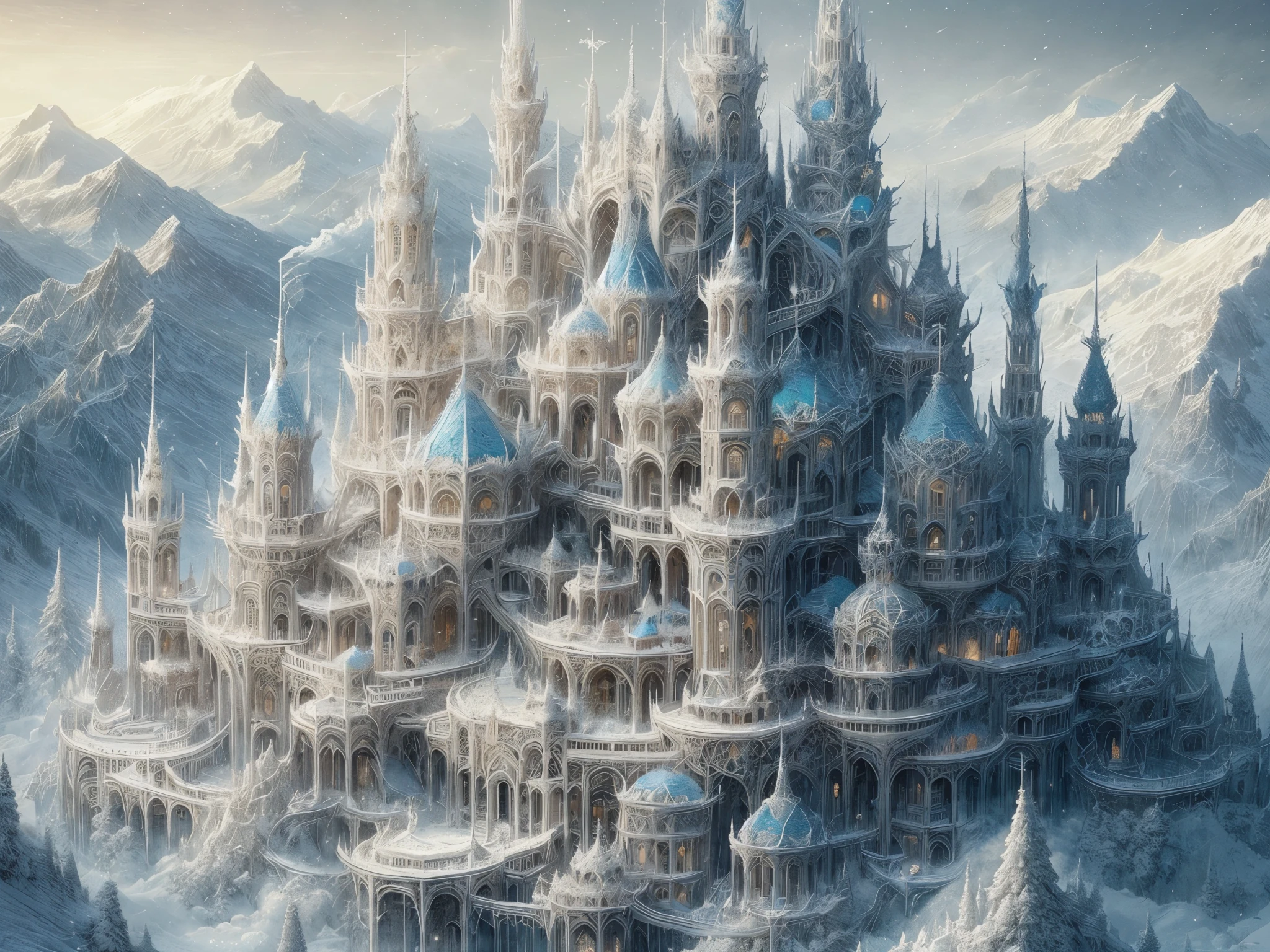 Intricate, detailed, ethereal, sprawling fanstasy castle on the top of a snowy mountain, brilliant white, glowing, fine lines, blue roof, intricate etching, surrounded by crisp air, big sky, snowy mist, 
