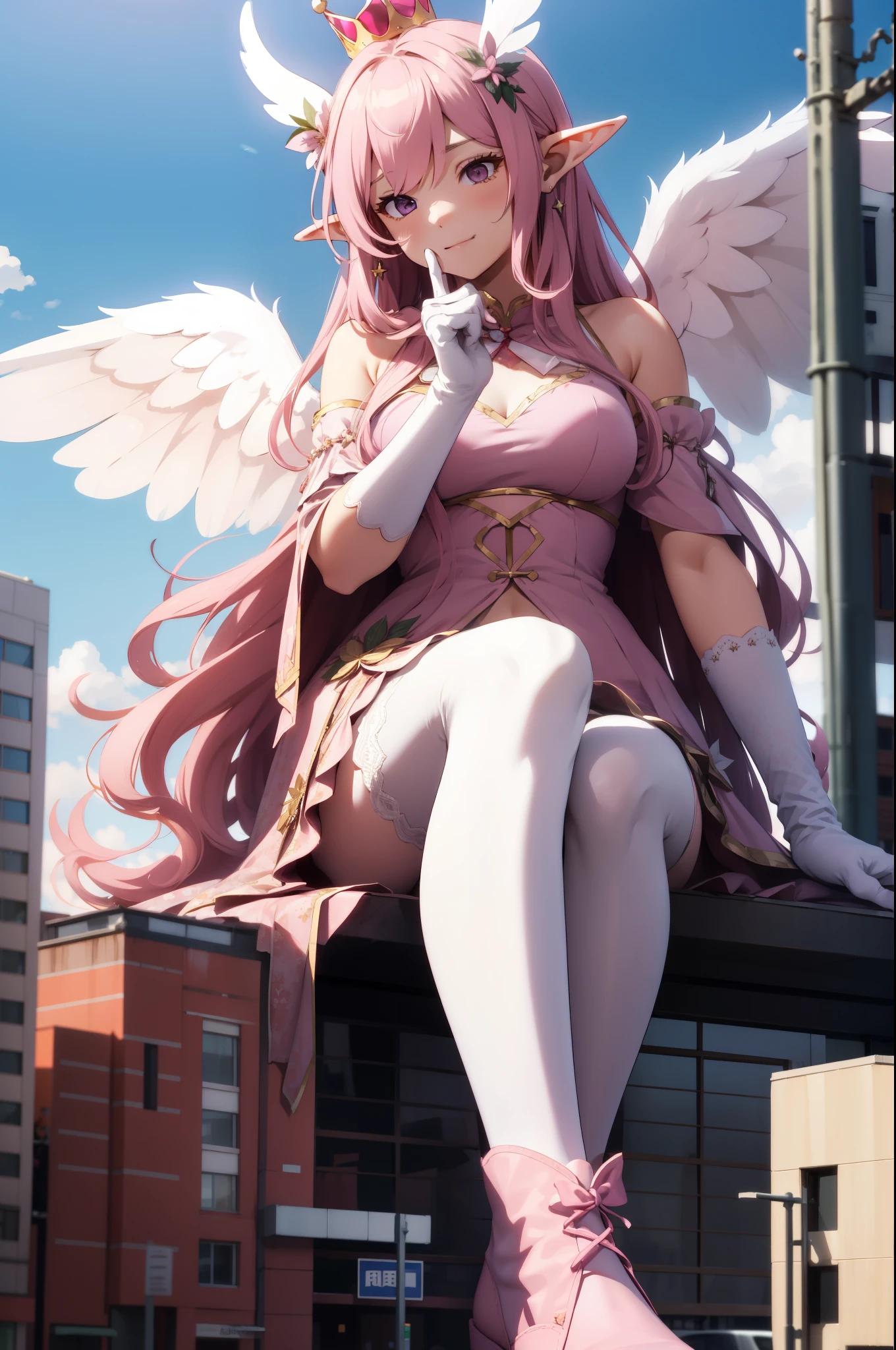 giant girl 50,000 feet high,Weight 1000kg,Has a pair of huge pink angel wings,With huge devil horns on his head,crown on head,Elf wearing pink earrings,She has long pink hair that reaches her feet,loose hair,Pink wavy long curly hair,Wearing a pair of pink boots,Pink lace gloves,Pink lace pantyhose,Pantyhose with bow and star decorations,粉色蕾丝whole body,Standing upright on a small city,Beautiful appearance,Exquisite makeup,quality,8k,高quality,Perfect proportion, Cinema lighting,film grain,Fuji colors,8k,textured skin,Super details,high detail,high resolution,fake smile,blood stains,脚底有blood stains,whole body,Obese,elf princess,feather,flowers,Sitting elegantly on a tall building