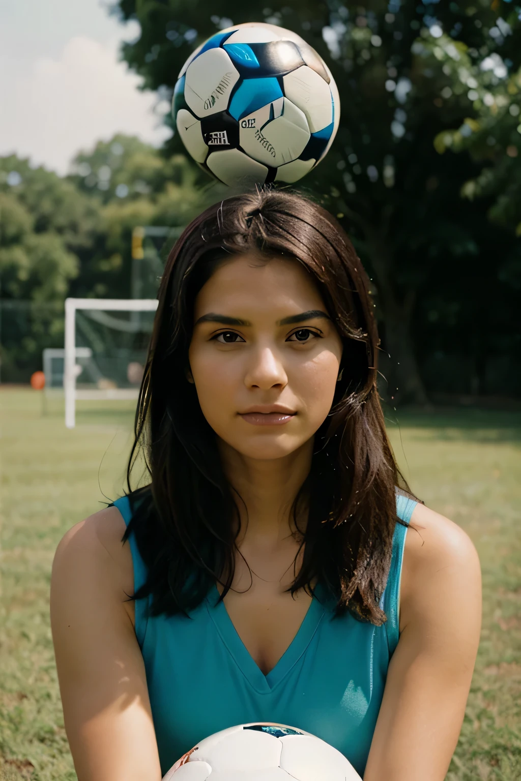 woman balancing soccer ball on head, kodak gold film 400, photorealistic, realism