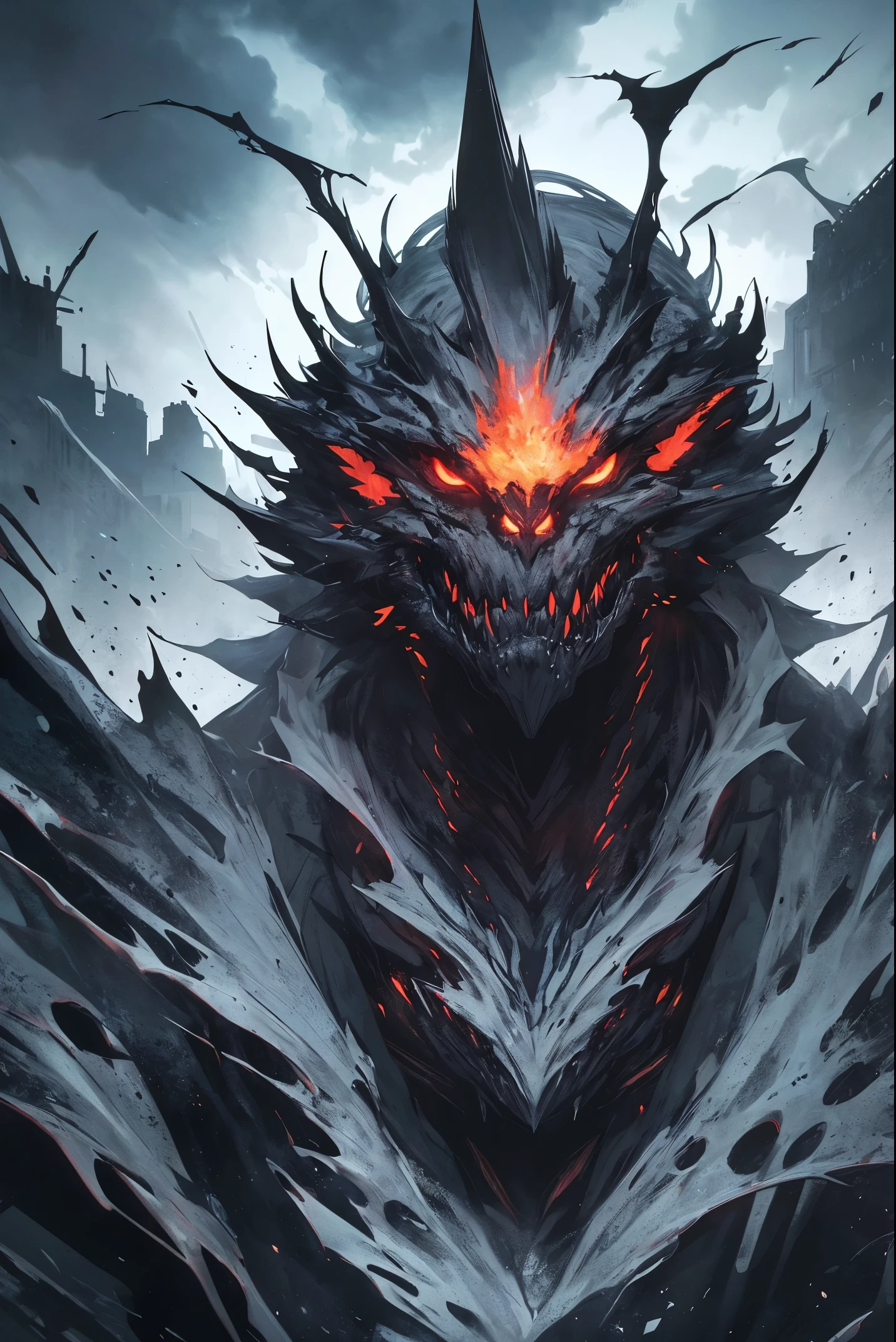 (best quality,ultra-detailed,highres:1.2),darkness,deep darkness,ominous atmosphere,monster with lightning,abominable creature,highly detailed,multiple light sources with particles,sharp contrast,body covered in scales,glowing eyes,intense shadows,ominous aura,electricity surging through its body,vivid colors,thunderstorm background,stormy clouds,terrifying presence,monstrous silhouette,unearthly,creature emerging from the darkness,menacing expression,electric sparks illuminating the scene,fierce and powerful,ominous glow,monstrous creature's face emerging from the shadows,dynamic composition,impressive and unsettling scene,thunderbolts striking the creature,dramatic lighting,creating a sense of fear and awe,striking visual impact,horror and intensity blended together,awe-inspiring power,creating an atmosphere of suspense and anticipation.