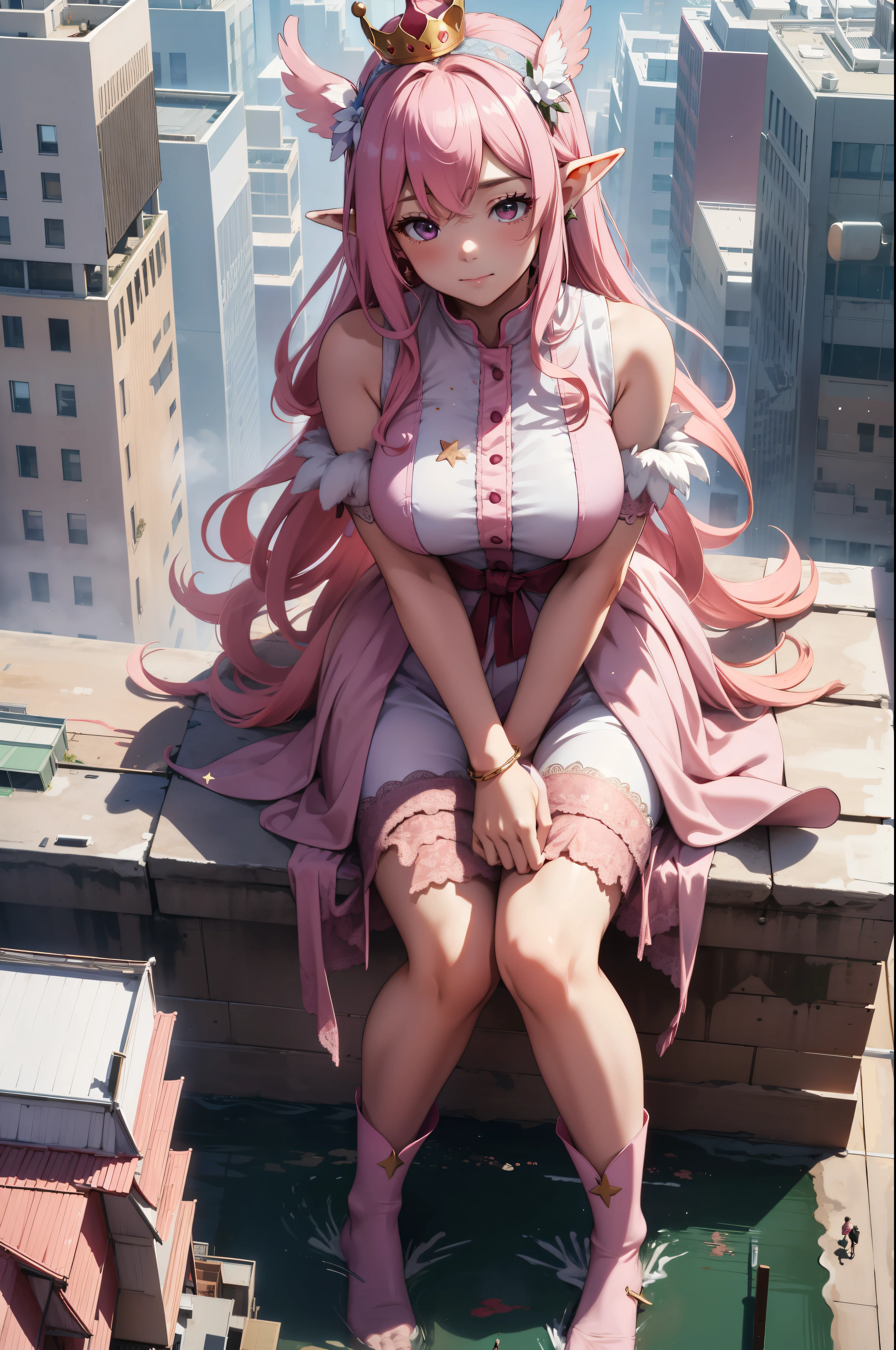 giant girl 50,000 feet high,Weight 1000kg,Has a pair of huge pink angel wings,With huge devil horns on his head,wear a crown on your head,Elf wearing pink earrings,She has long pink hair that reaches her feet,loose hair,Pink wavy long curly hair,Wearing a pair of pink boots on her feet,Pink lace gloves,Pink lace pantyhose,Bow and star embellished tights,粉色蕾丝whole body,Standing tall above the small town,Beautiful appearance,Exquisite makeup,quality,8k,高quality,Perfect proportion, Cinema lighting,film grain,Fuji colors,8k,textured skin,Super details,high detail,high resolution,fake smile,blood stains,脚底有blood stains,whole body,fat,elf princess,feather,flowers,Sitting elegantly on a tall building