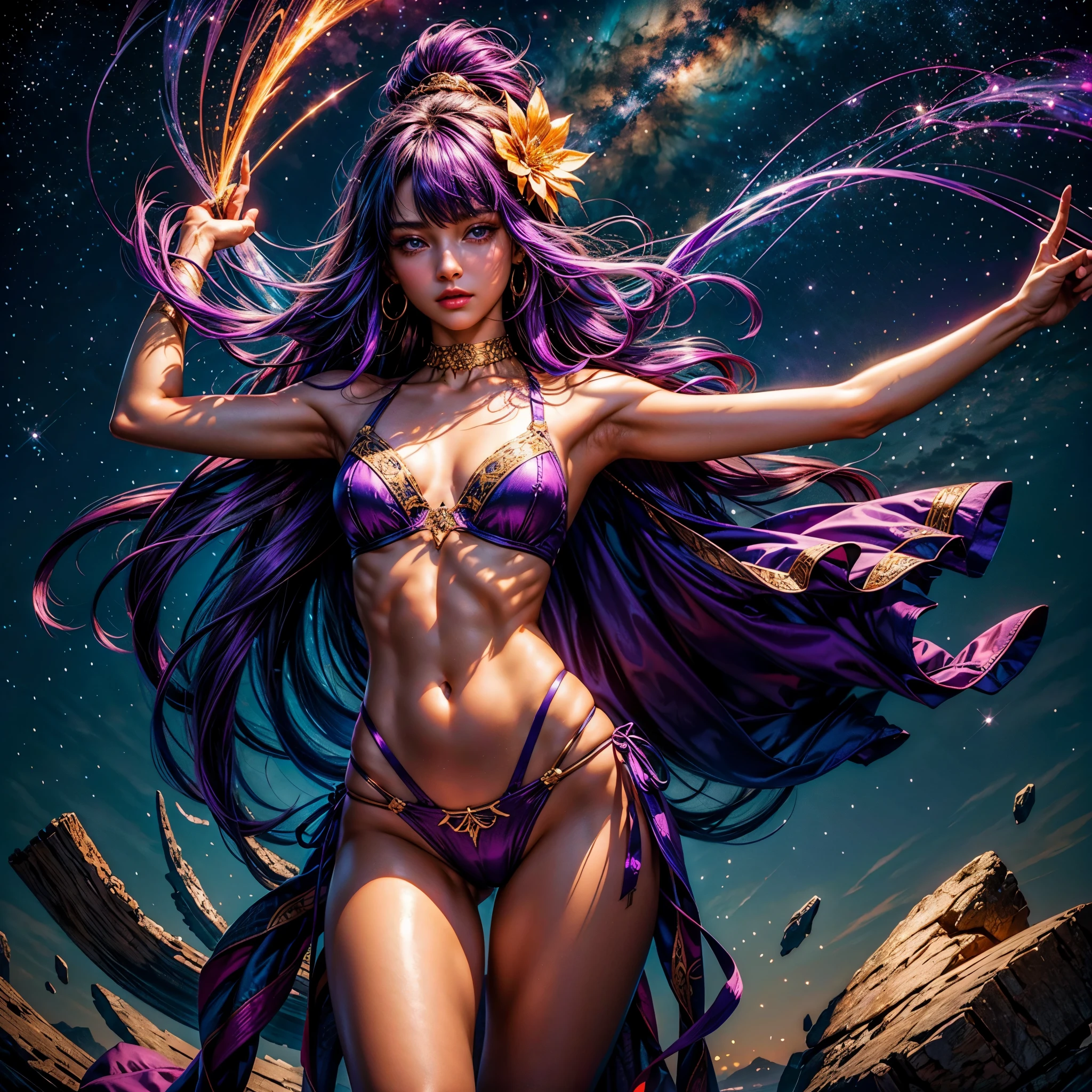 epic Nebulae stunning nebula vibrant hues ethereal interstellar sparks curiosity birth evolution stars Sun hyper starry_sky spacious SunShine panoramic sunset ultra sunrise ((Cinematic light, Best quality, Masterpiece :1.3)), 1girl, Beautiful woman with thin abs :1.4, (purple hair, small  :1.3), rope panties1.2, hopefully falling, seductive open lips, urban, ultra-detailed face, detailed eyes, double eyelidwork, best quality, Neeko, hair ornaments, hair flower, body paint, calango tail, trying to be sexy,((golden its fashion suit)), showing sweaty armpits, steamy, sexual teasing, ((ng split)), fight position, hands shining purple, see-through bikini, deep path Equirectangular_360 street UnrealEngine5 Ultra Masterpiece Cinematic_sunlight ultra Pro_Photo-realistic optimal ultra_high-quality opengl-shaders ultra_high-details accurate reflex ultra_high-resolution perfection volumetric lightning improved Octane_rendues ultra_high-definition UHD XT3 DSLR HDR 3dcg shadow analogiques extatiques strical dazzling Will-o'-the-wisp global luminescence plasma hearth incandescente reflection varied multi etc. --s 1000 --c 20 --q 20 --chaos 100