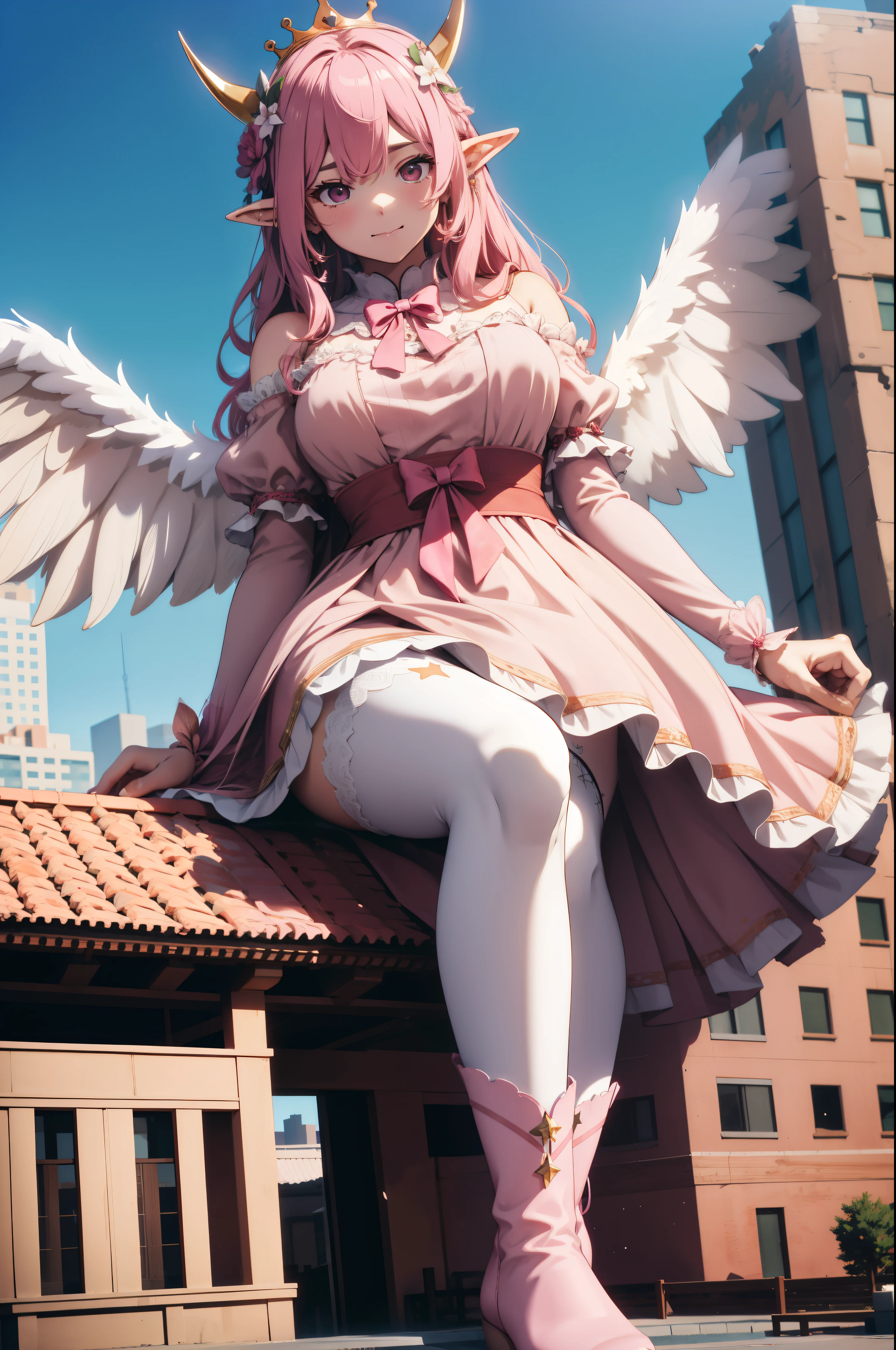 giant girl 50,000 feet high，Weight 1000kg，Has a pair of huge pink angel wings，With huge devil horns on his head，wear a crown on your head，Elf wearing pink earrings，She has long pink hair that reaches her feet，loose hair，Pink wavy long curly hair，Wearing a pair of pink boots on her feet，Pink lace gloves，Pink lace pantyhose，Bow and star embellished tights，粉色蕾丝whole body，Standing tall above the small town，Beautiful appearance，Exquisite makeup，quality，8k，高quality，Perfect proportion, Cinema lighting，film grain，Fuji colors，8k，textured skin，Super details，high detail，high resolution，fake smile，blood stains，脚底有blood stains，whole body，fat，elf princess，feather，flowers，Sitting elegantly on a tall building