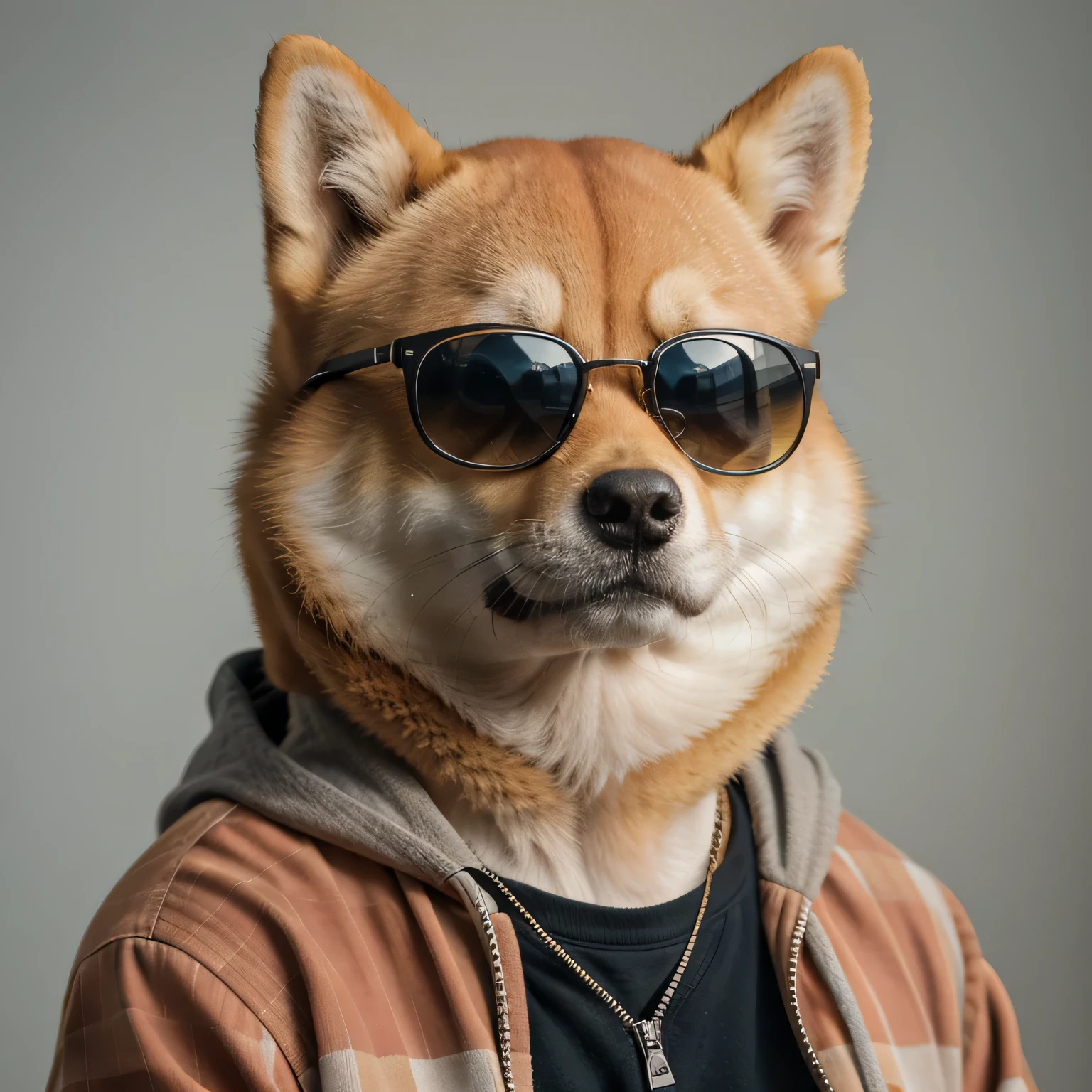 Shiba inu dog wearing sunglasses and a jacket with a hoodie, doge, anthropomorphic shiba inu, doge meme, looking heckin cool and stylish, fursona wearing stylish clothes, shiba inu portrait, high quality portrait, furry character portrait, nft portrait, inspired by Shiba Kōkan, fursona art, fursona