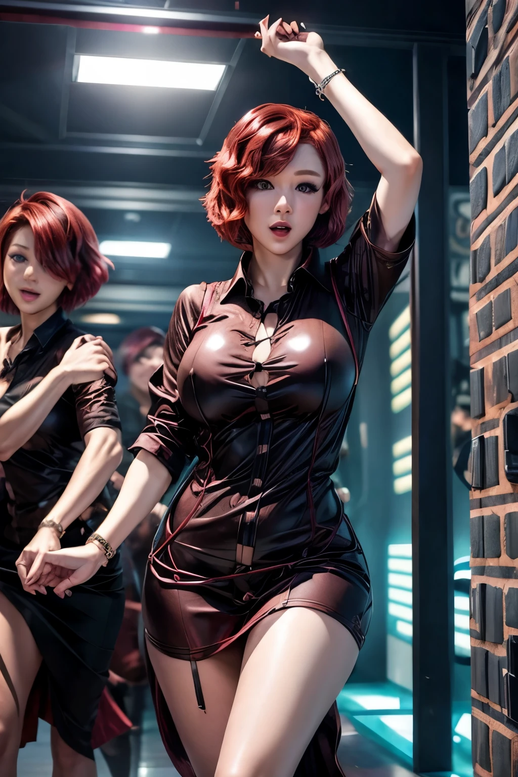 chris、25 years old、Redhead (shortcuts:1.9)、beautiful woman in long shirts club fashion, dancing in club, gigantic breasts, (cleavage:-1.9)