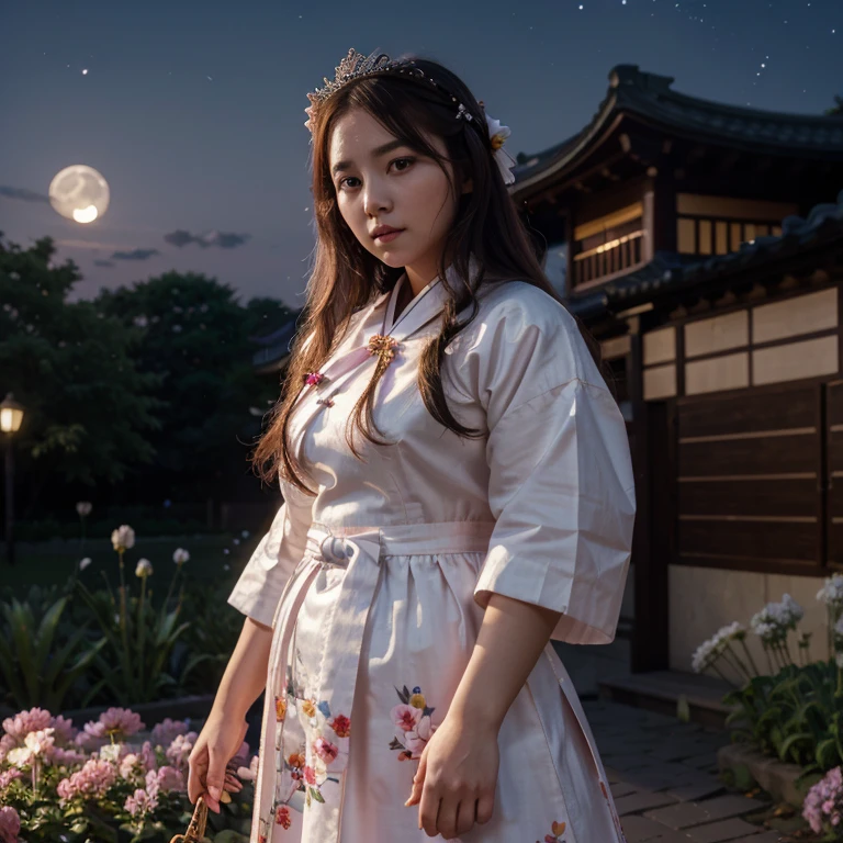 best quality, high_resolution, distinct_image, detailed background ,girl, plump figure, hanbok,flower,garden,moon, night,dutch angle, wide shot, crown, 