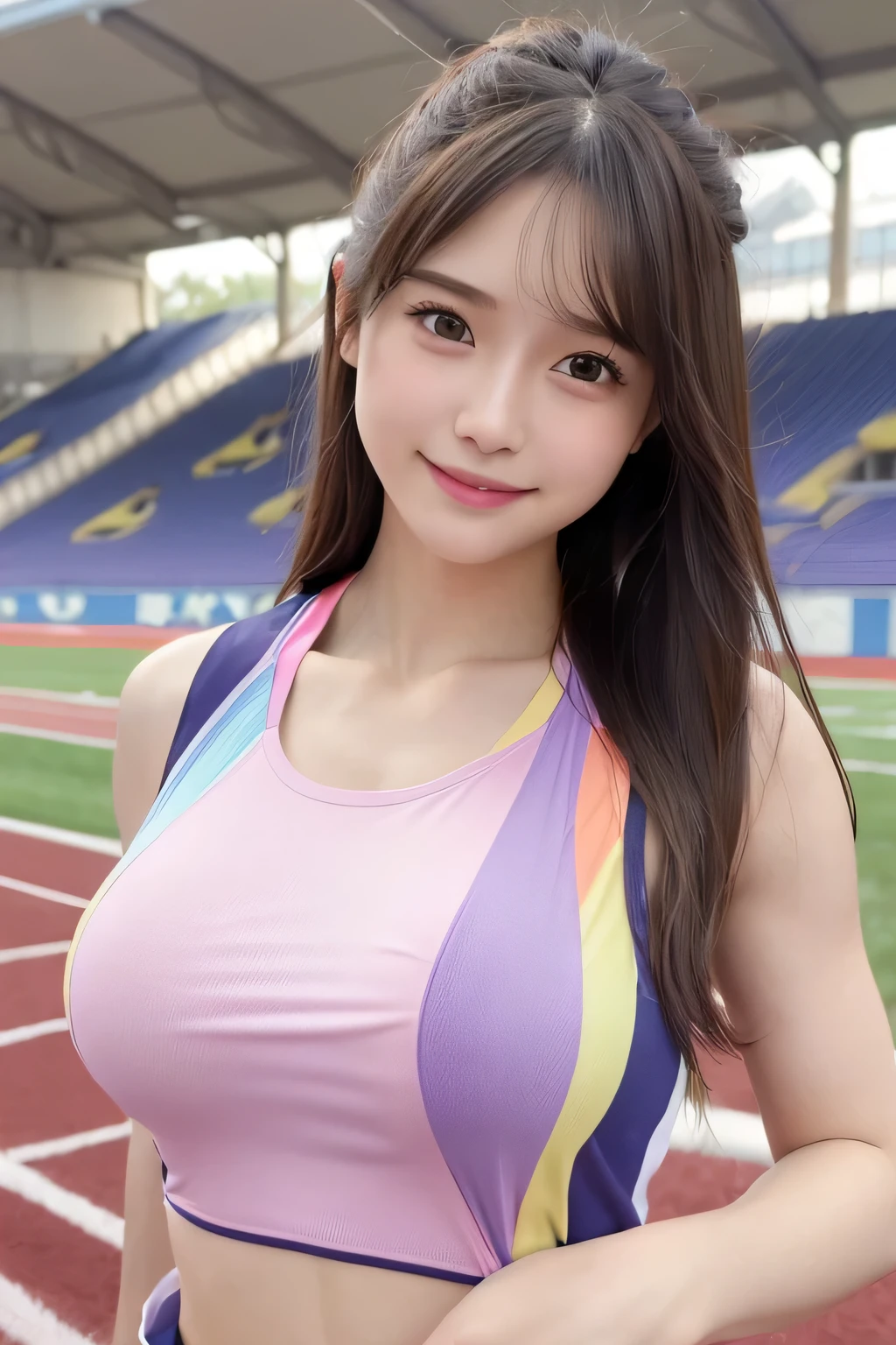 pieces fly、masterpiece、highest quality、Super detailed、High resolution、High resolution、8Kんportrait、unity 8k wallpaper、Detailed CG、realistic、real person、portrait、HD Fine、High resolution、Very detailed explanation、beautiful clear eyes、very detailed explanation、delicate face、nice lips、thin waist、thin legs、()、(cute)、(big breasts:1.2)、(colorful sleeveless track and field uniform:1.6)、(athletics stadium:1.3)、(big smile)、(abs:1.2)、(cute)、wavy hair、(My nipples hit my clothes:1.4)