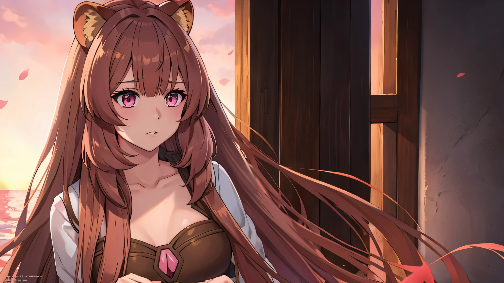 High quality, Hyperrealism, Raphtalia, pink eyes,long hair, Raccoon ears, hair between eyes, Brown hair , bare chest , sunset, Sakura, Pink cheeks, evil look, 1 girl