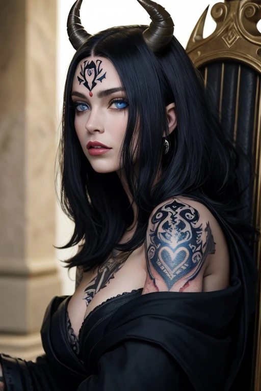 Rainha do inferno sentada em seu trono, com cabelos pretos compridos, pale skin, dramatic blue eyes, satanic tattoos on your body, Fleshy lips, dramatic horns protruding from its head, cabelo preto comprido, seios fartos, submundo. Cabelo preto.