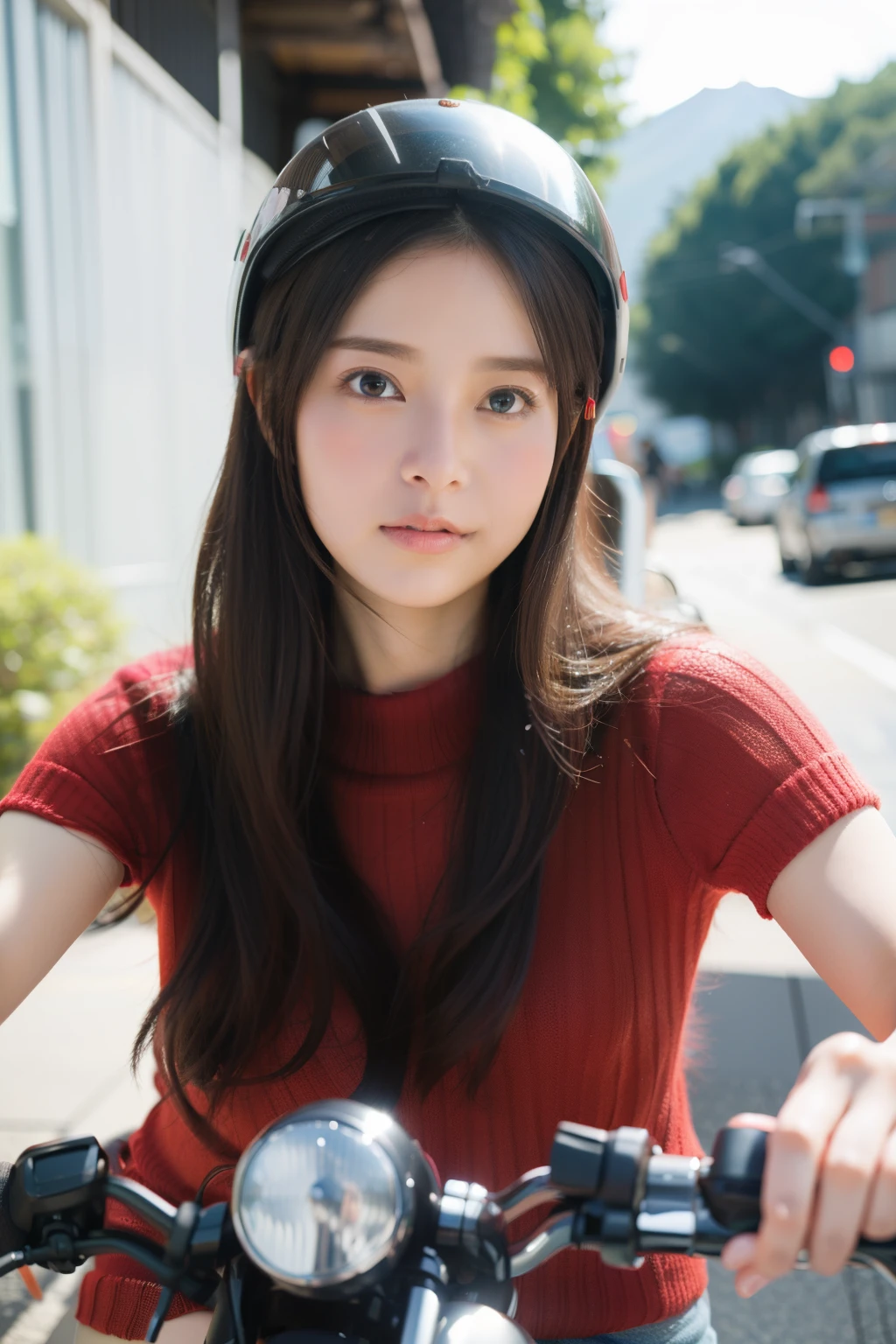 ((highest quality, 8K, masterpiece :1.3)),
Japanese cute milf with curvaceous body,
super detailed face, fine eyes, double eyelid,
coquettish look,urban brown hair, beautiful woman,Fair skin, wearing a red jumper, helmet fashionable american motorcycle ride, Whole motorcycle,The background is Mt.Fuji Street, outdoor,