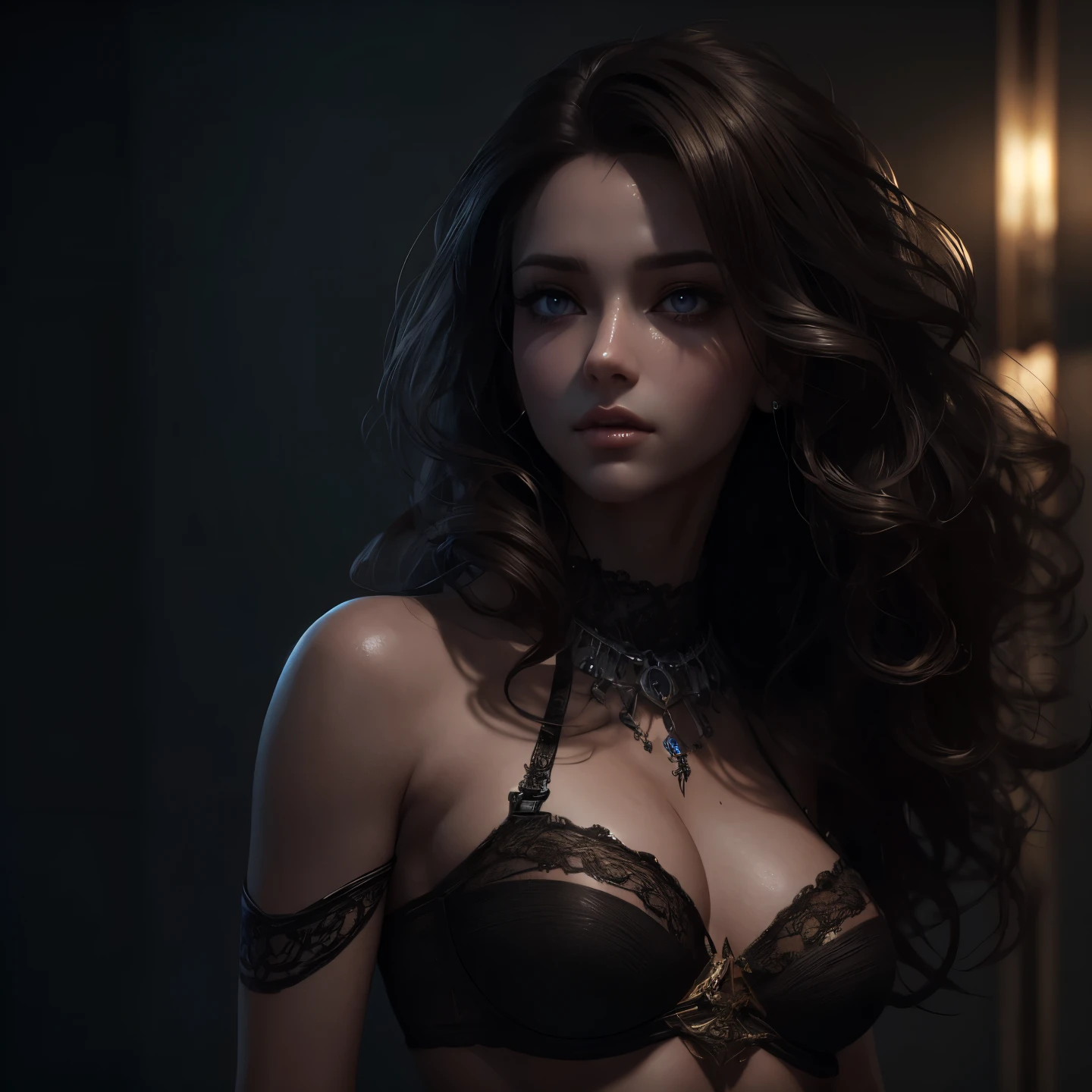 A masterpiece portrait of a stunning woman, wavy hair, mesmerizing brown eyes, cute smooth features, looking at viewer, light make-up, smooth back lighting, ultra realistic photography, concept design art octane render, masterpiece concept art, hyper-maximalism, ultra detailed photorealim, concept art artwork masterpiece, trending on artstation, 3d render trending on artstation, amazing concept digital illustration, stunning photorealistic concept art, excellent 3d render, HDR, sharp focus, intricate, highly detailed, unreal engine 5, 32k, final render