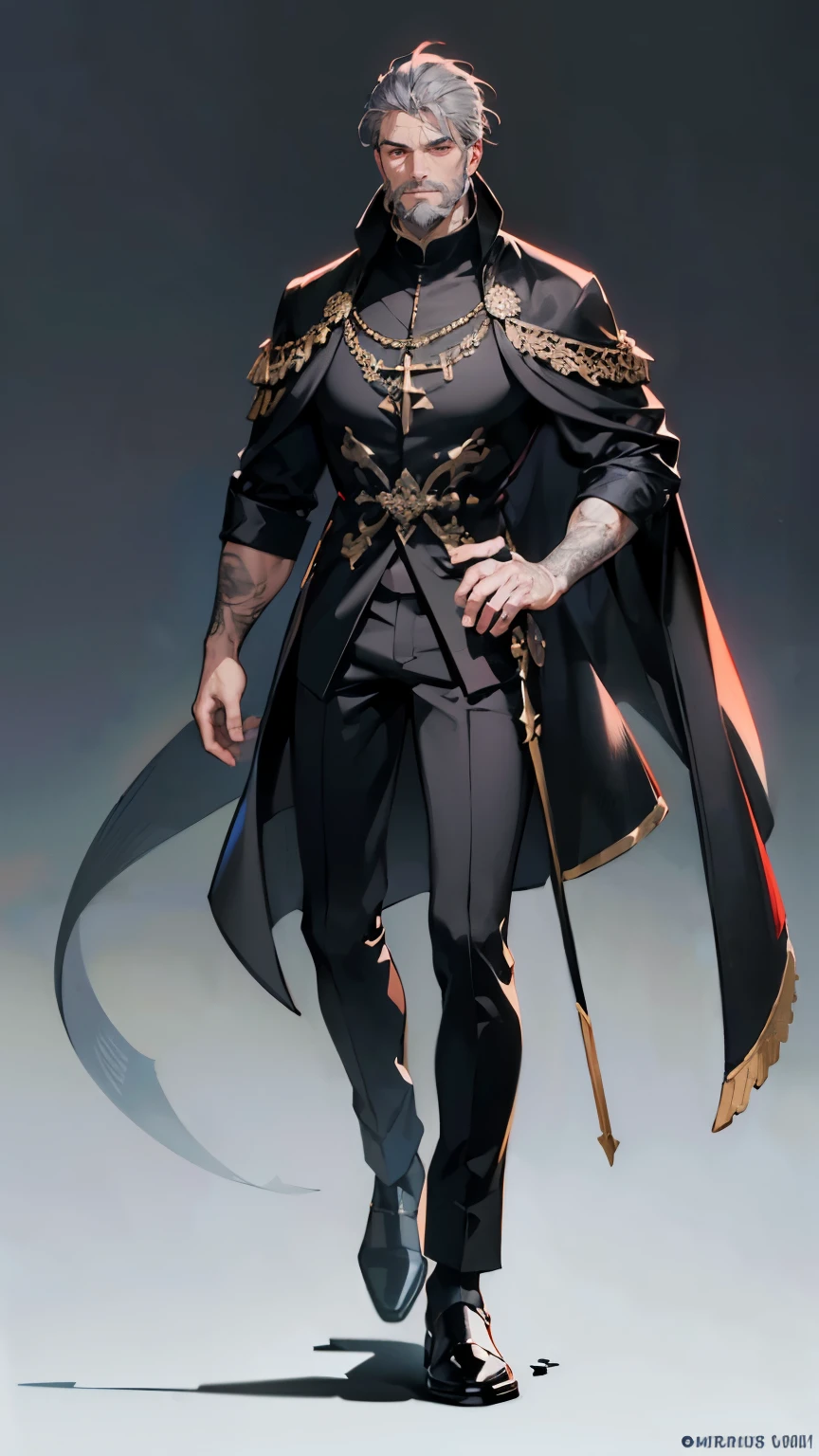 ((masterpiece,best quality,8k,highres)),((character concept art)), 1 male, middle-age adult male, Cult Bishop, 190 cm height, big back head hairstyle (grey hair colour), ultra finely detailed eyes (red eyes colour), extraordinary handsome, charming, smirk smile, grey stubble beard, incredible body build ((muscular)), ((intricate detail)), super finely detailed hands, ultra finely detailed fingers(((ten fingers))), Cult Bishop full outfit (black outfit colour), black pants, black shoes, (standing still), (full body showcase), (show full body), (no logos on background), (no logo), ((plain background)), ((plain background)), (((empty background)))
